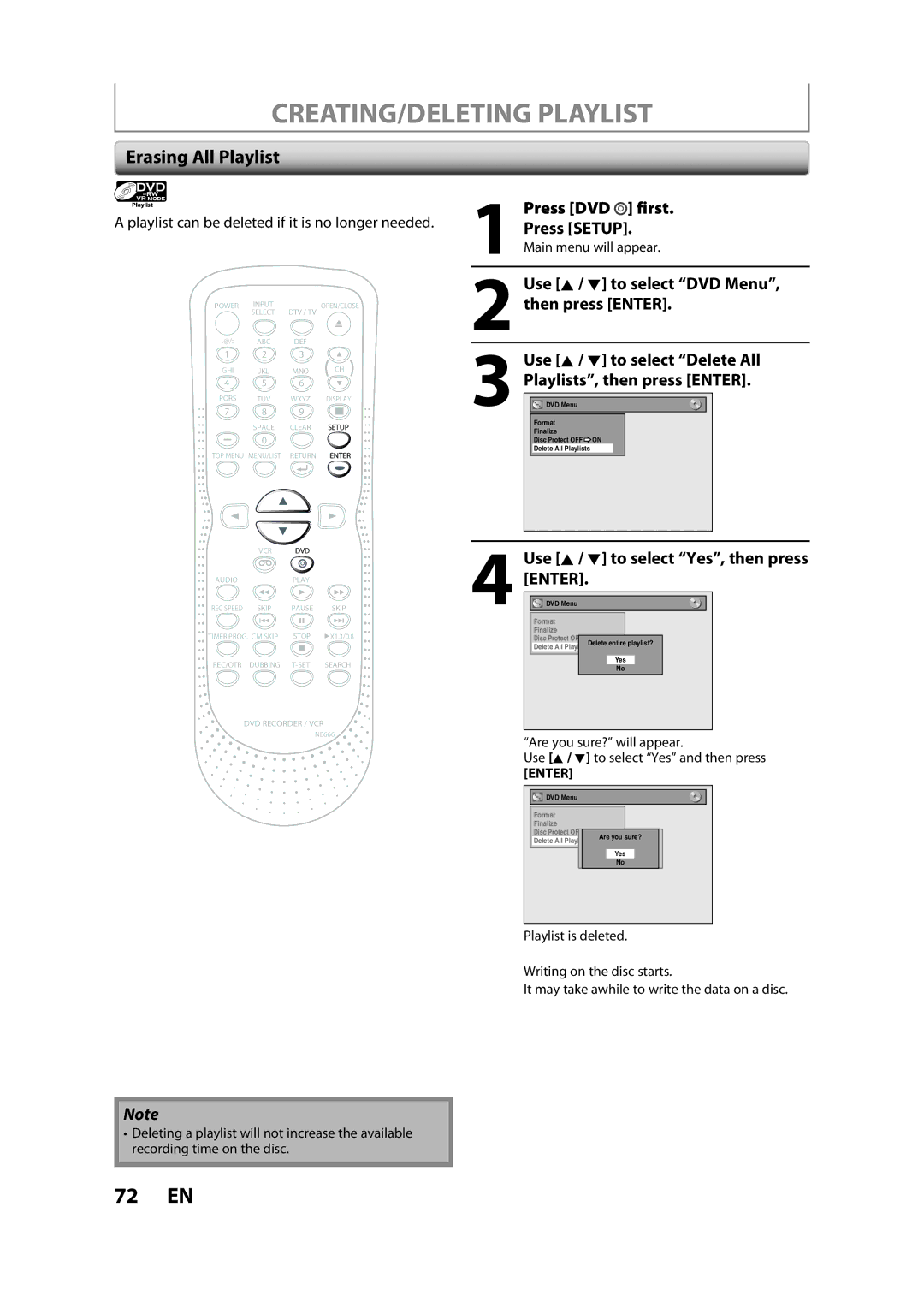 Sylvania ZV450SL8 CREATING/DELETING Playlist, Erasing All Playlist, Use K / L to select Yes, then press ENTER.DVD Menu 