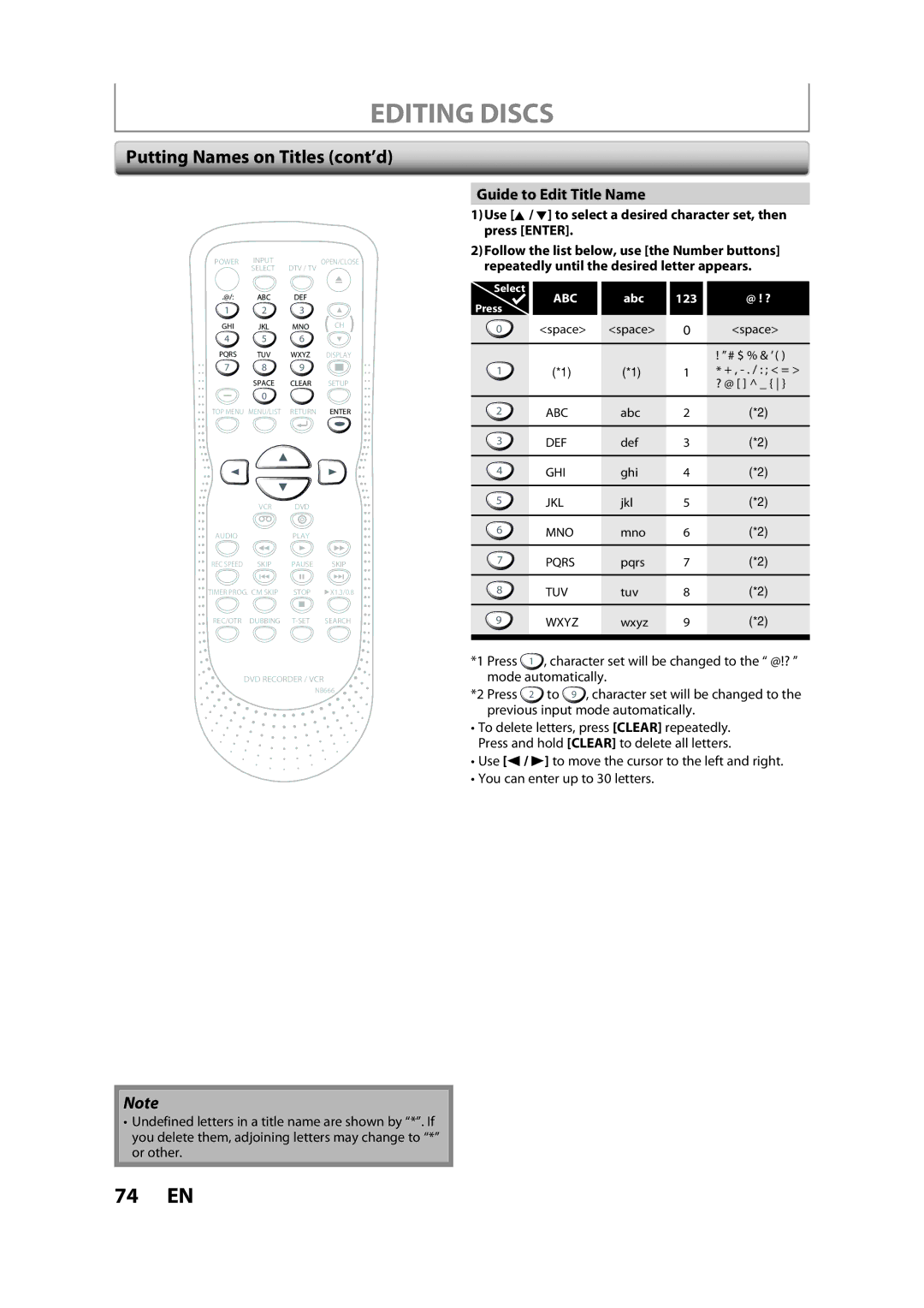 Sylvania ZV450SL8 owner manual Editing Discs, Putting Names on Titles cont’d, Guide to Edit Title Name, Mode automatically 