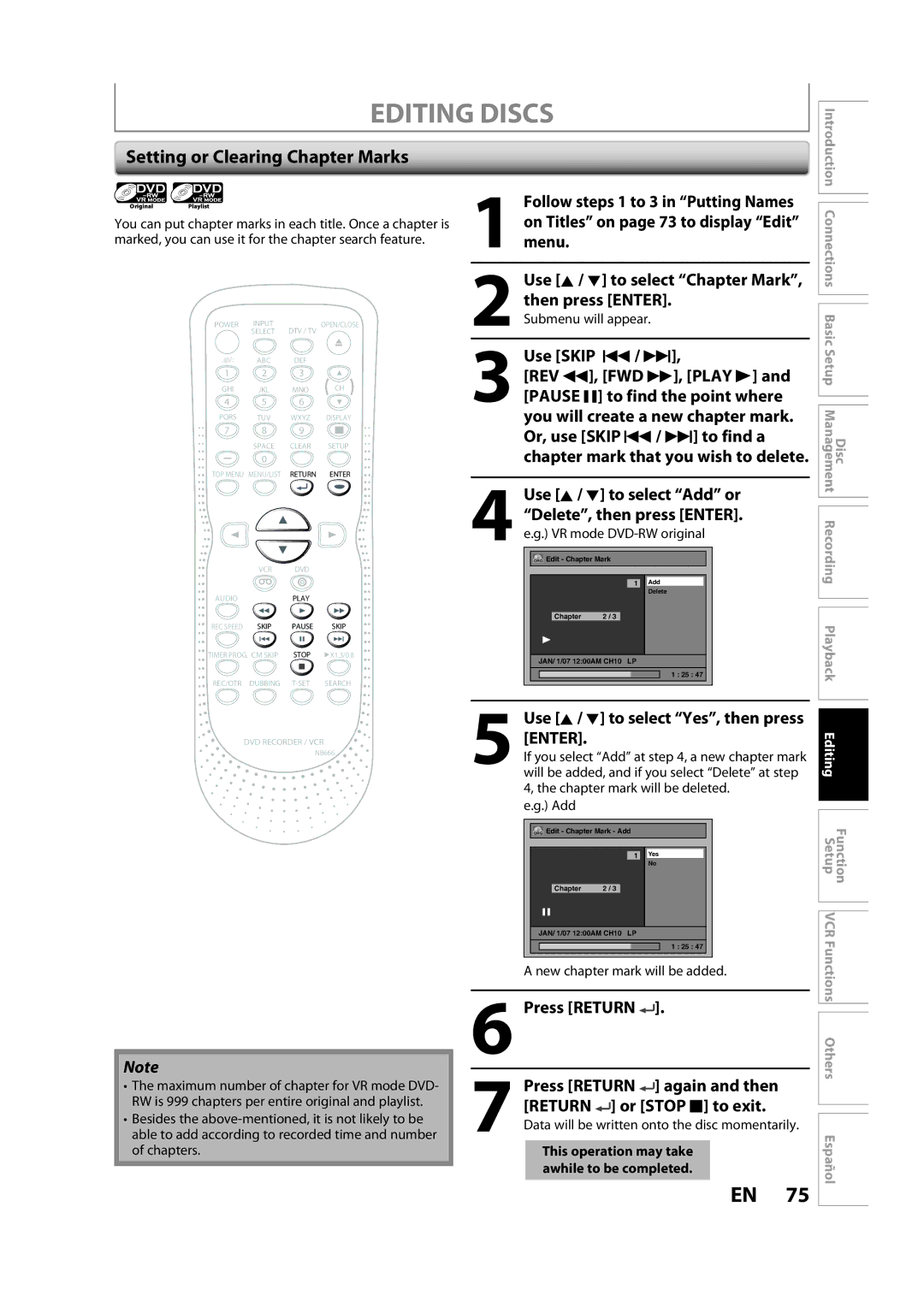 Sylvania ZV450SL8 owner manual Setting or Clearing Chapter Marks, Use Skip H / G, Press Return 