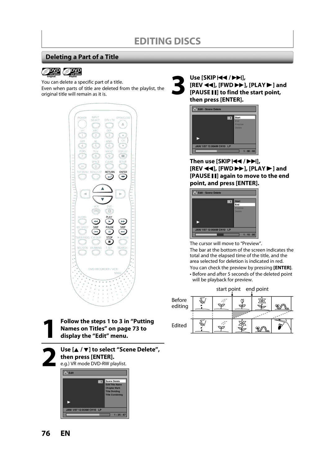 Sylvania ZV450SL8 Deleting a Part of a Title, Use K / L to select Scene Delete, then press Enter, VR mode DVD-RW playlist 