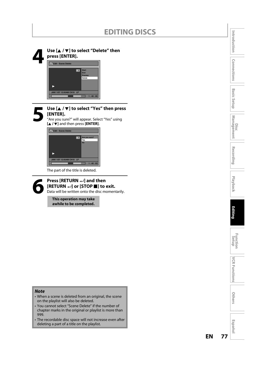 Sylvania ZV450SL8 owner manual Use K / L to select Delete then press Enter, Then press Enter, Part of the title is deleted 