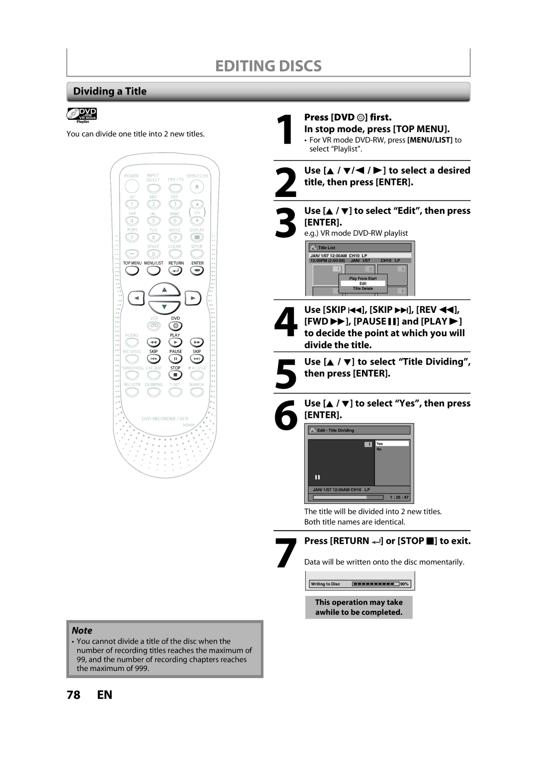 Sylvania ZV450SL8 owner manual Dividing a Title, Press DVD first Stop mode, press TOP Menu, Press Return or Stop C to exit 