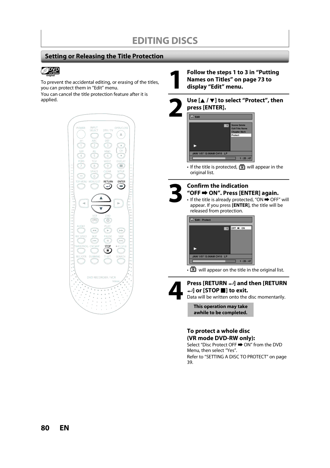 Sylvania ZV450SL8 owner manual Setting or Releasing the Title Protection, Confirm the indication OFF ON. Press Enter again 