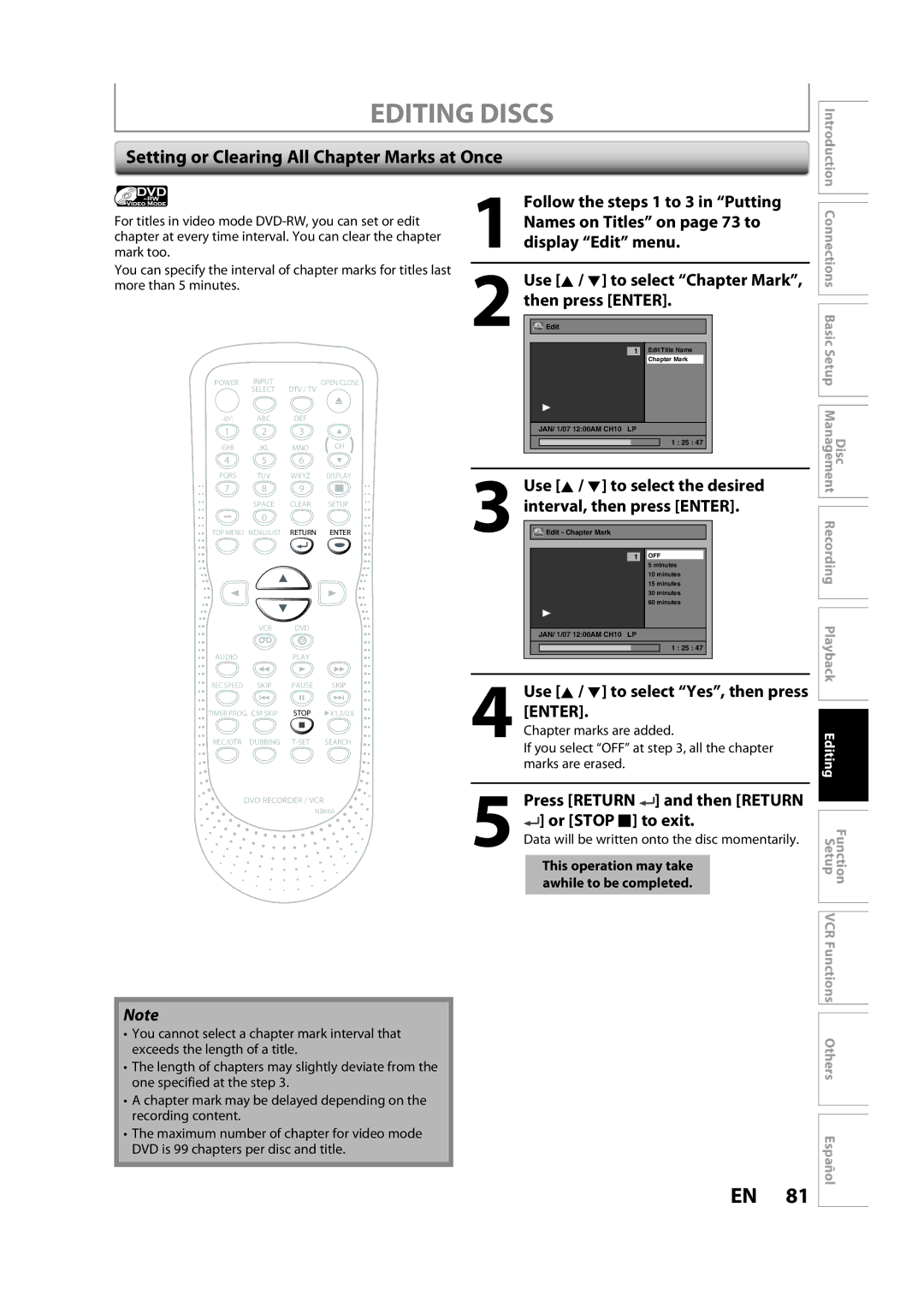 Sylvania ZV450SL8 owner manual Setting or Clearing All Chapter Marks at Once, Use K / L to select Chapter Mark 