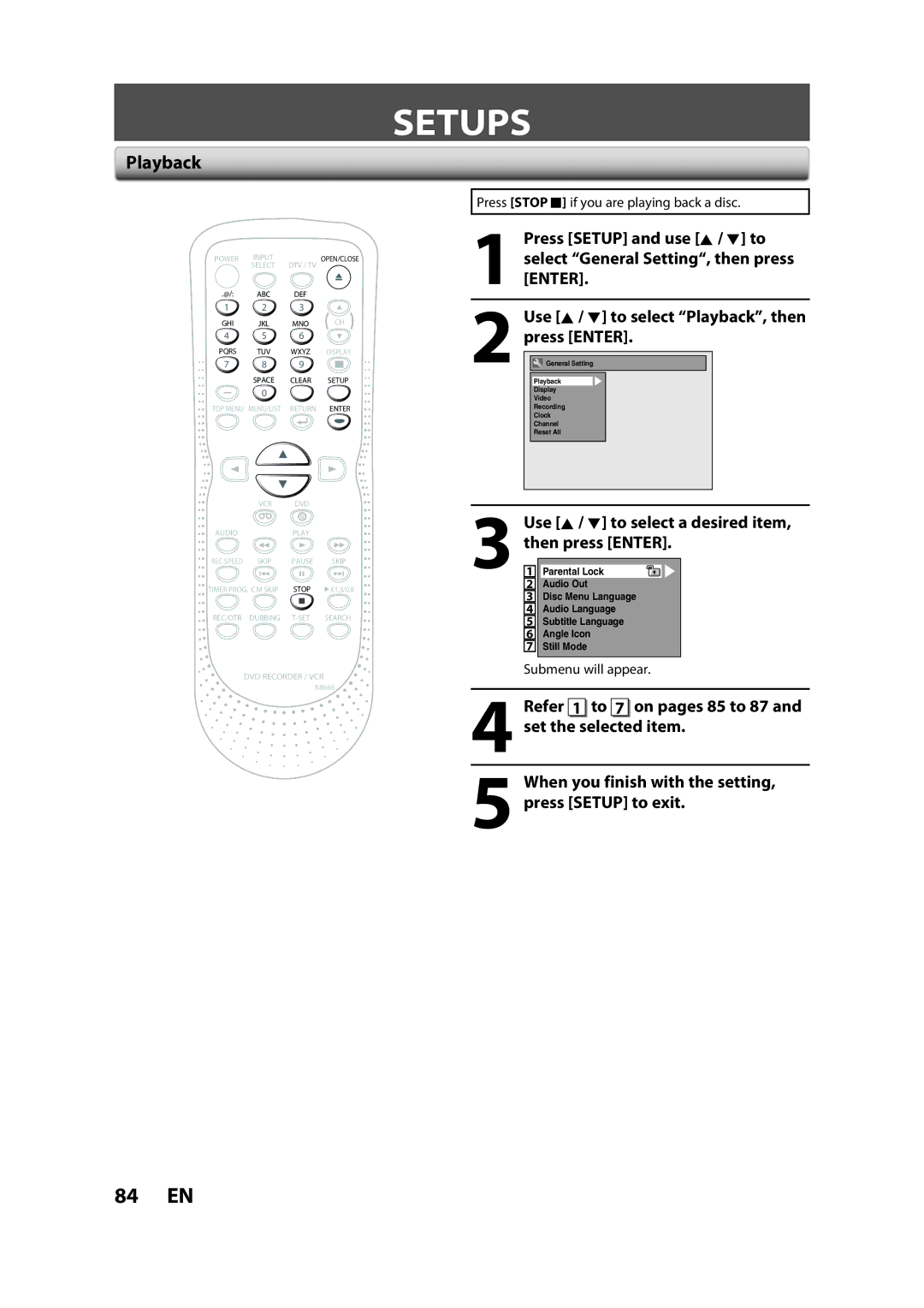 Sylvania ZV450SL8 owner manual Setups, Playback, Use K / L to select a desired item, then press Enter 