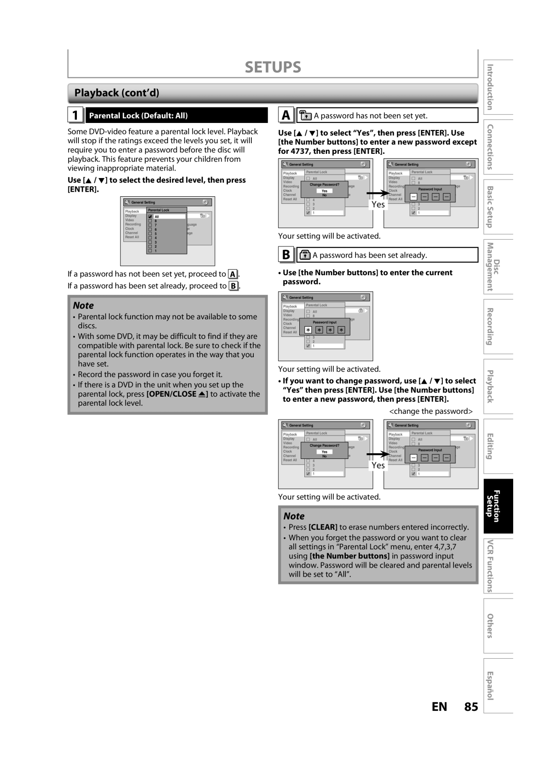 Sylvania ZV450SL8 owner manual Setups, Playback cont’d, Parental Lock Default All, Function 