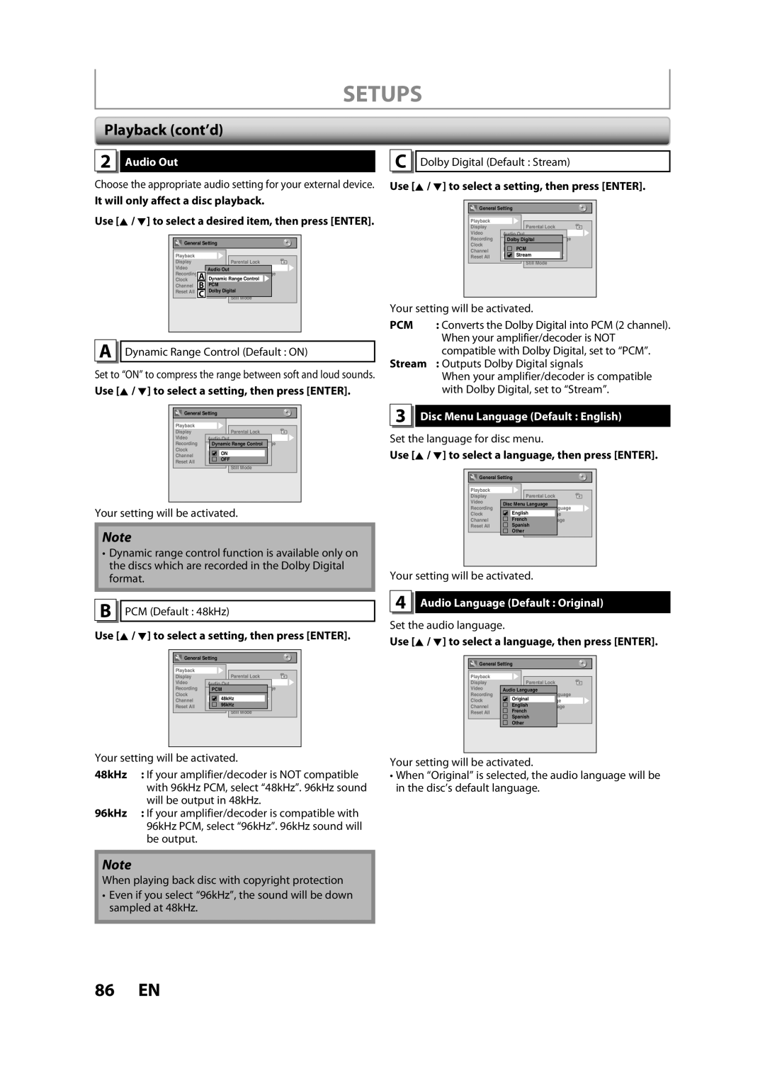 Sylvania ZV450SL8 owner manual Audio Out, Pcm, Disc Menu Language Default English, Audio Language Default Original 