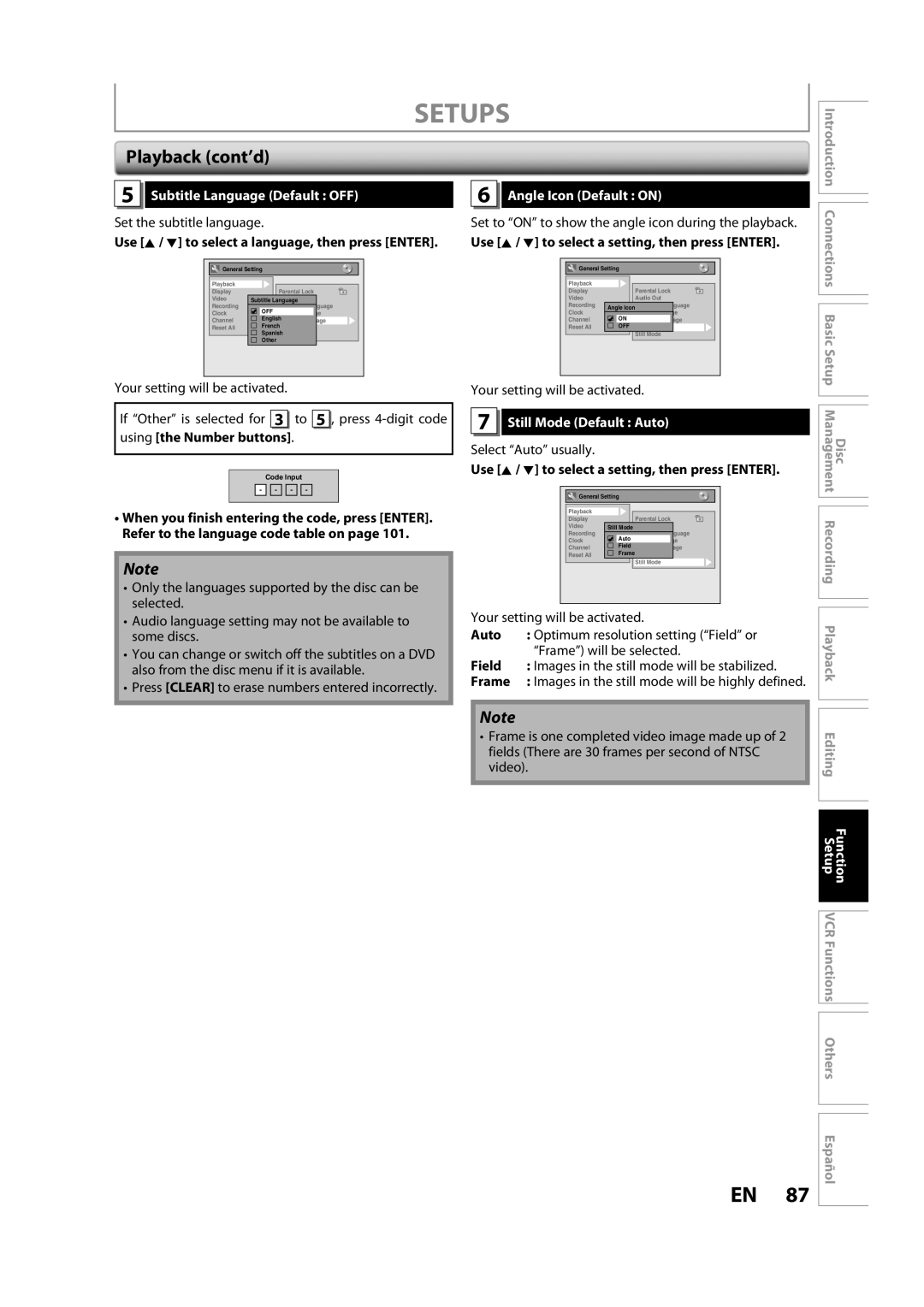 Sylvania ZV450SL8 owner manual Subtitle Language Default OFF, Angle Icon Default on, Still Mode Default Auto 