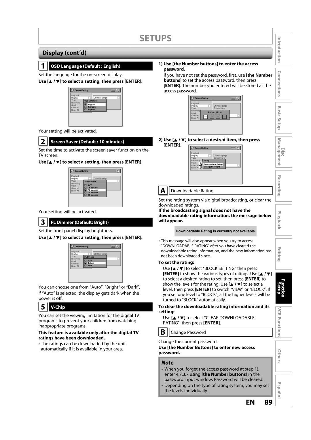 Sylvania ZV450SL8 Display cont’d, OSD Language Default English, Screen Saver Default 10 minutes, FL Dimmer Default Bright 