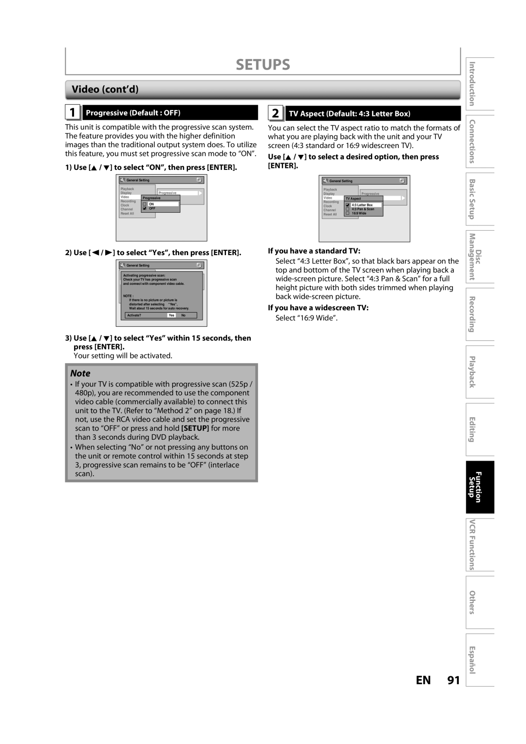 Sylvania ZV450SL8 owner manual Video cont’d, Progressive Default OFF, TV Aspect Default 43 Letter Box 