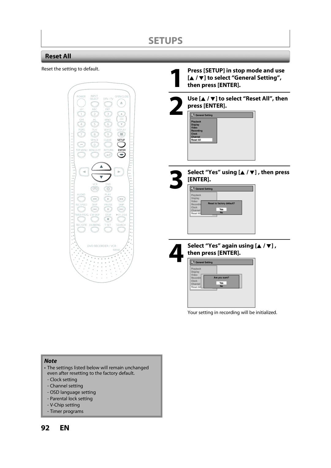 Sylvania ZV450SL8 Reset All, Select Yes using K / L , then press Enter, Select Yes again using K / L , then press Enter 