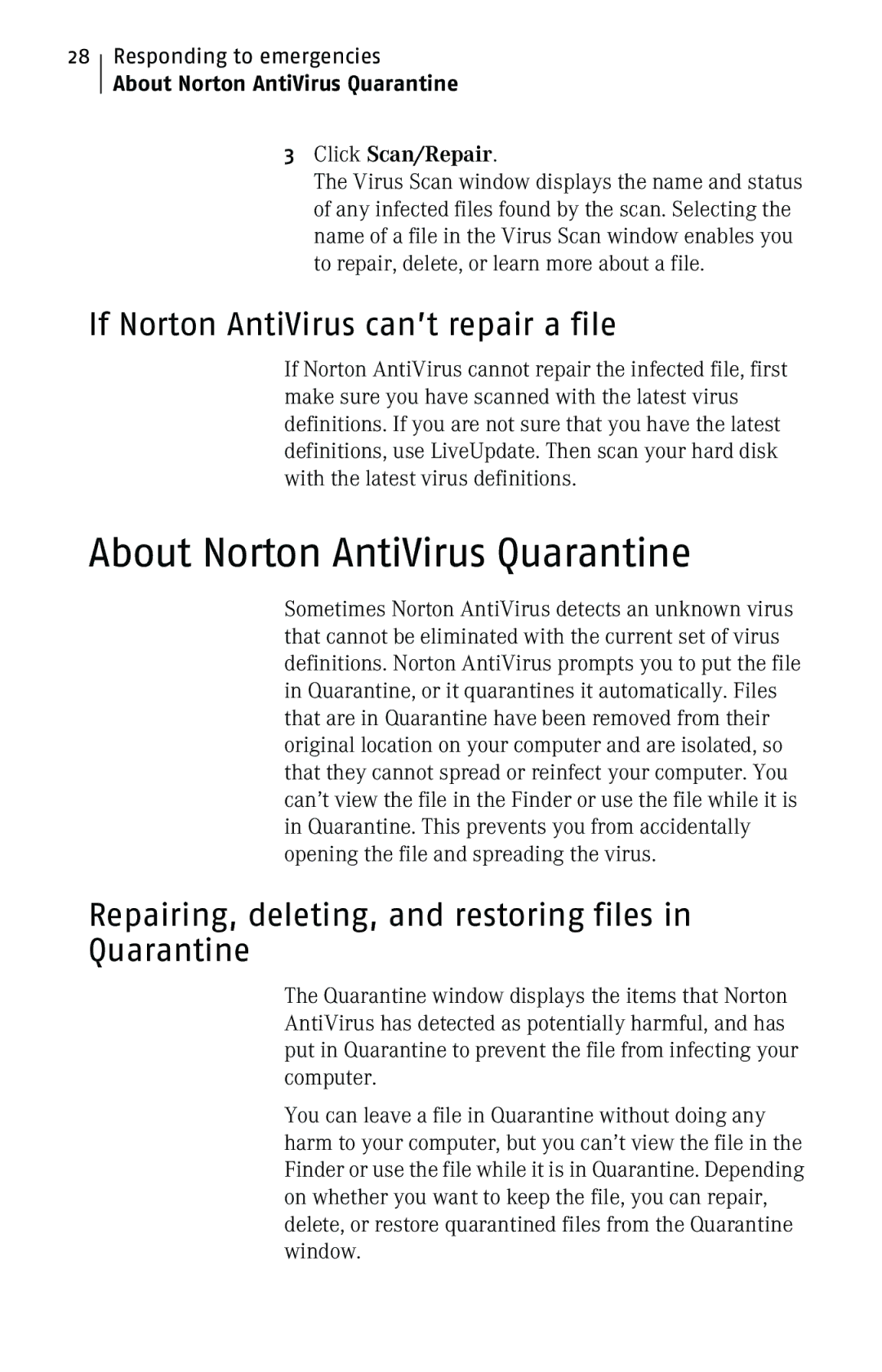 Symantec 10 manual About Norton AntiVirus Quarantine, If Norton AntiVirus can’t repair a file, Click Scan/Repair 