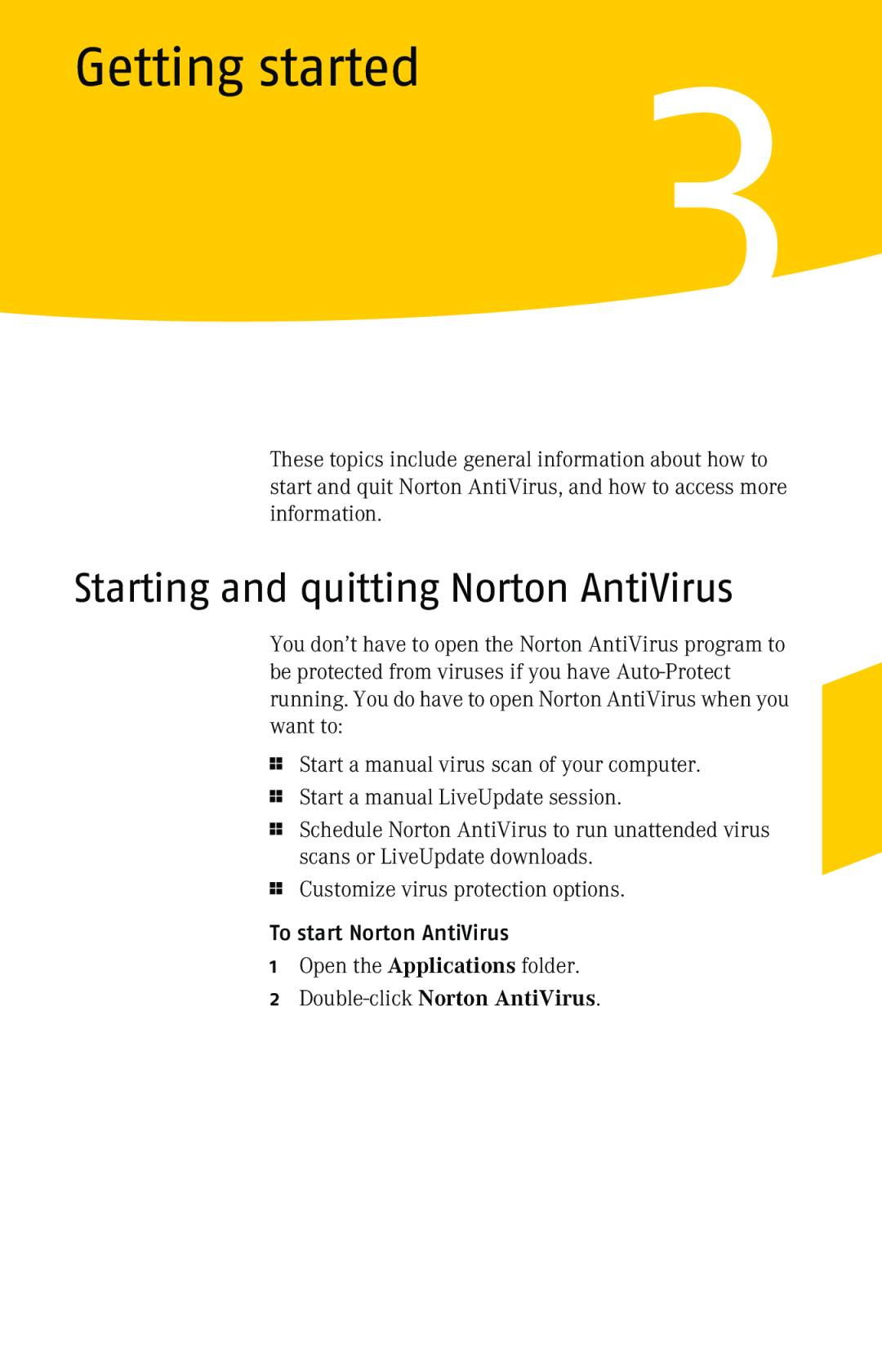 Symantec 10 manual Getting started, Starting and quitting Norton AntiVirus, 2Double-click Norton AntiVirus 