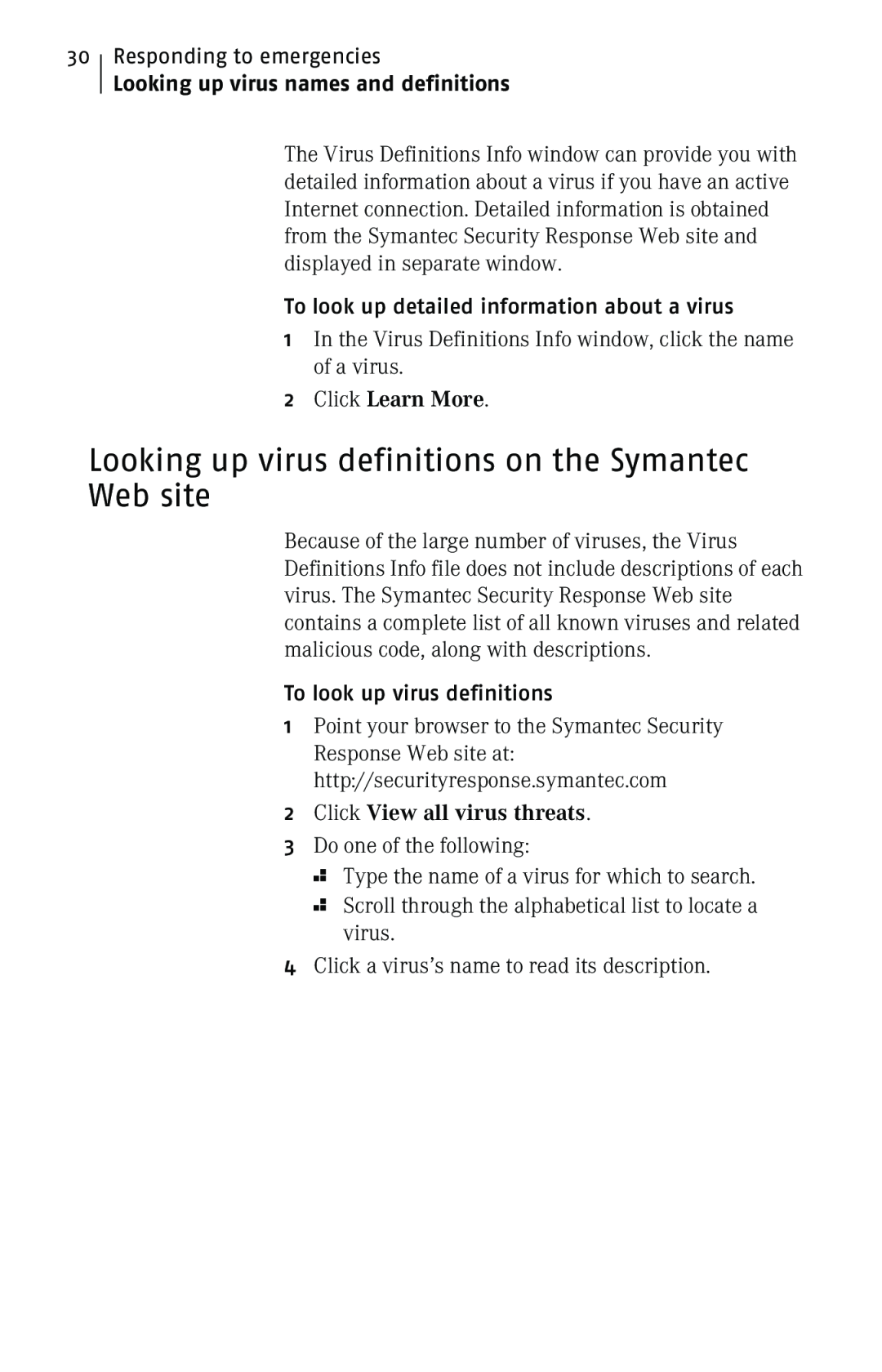 Symantec 10 manual Looking up virus names and definitions, 2Click Learn More, 2Click View all virus threats 