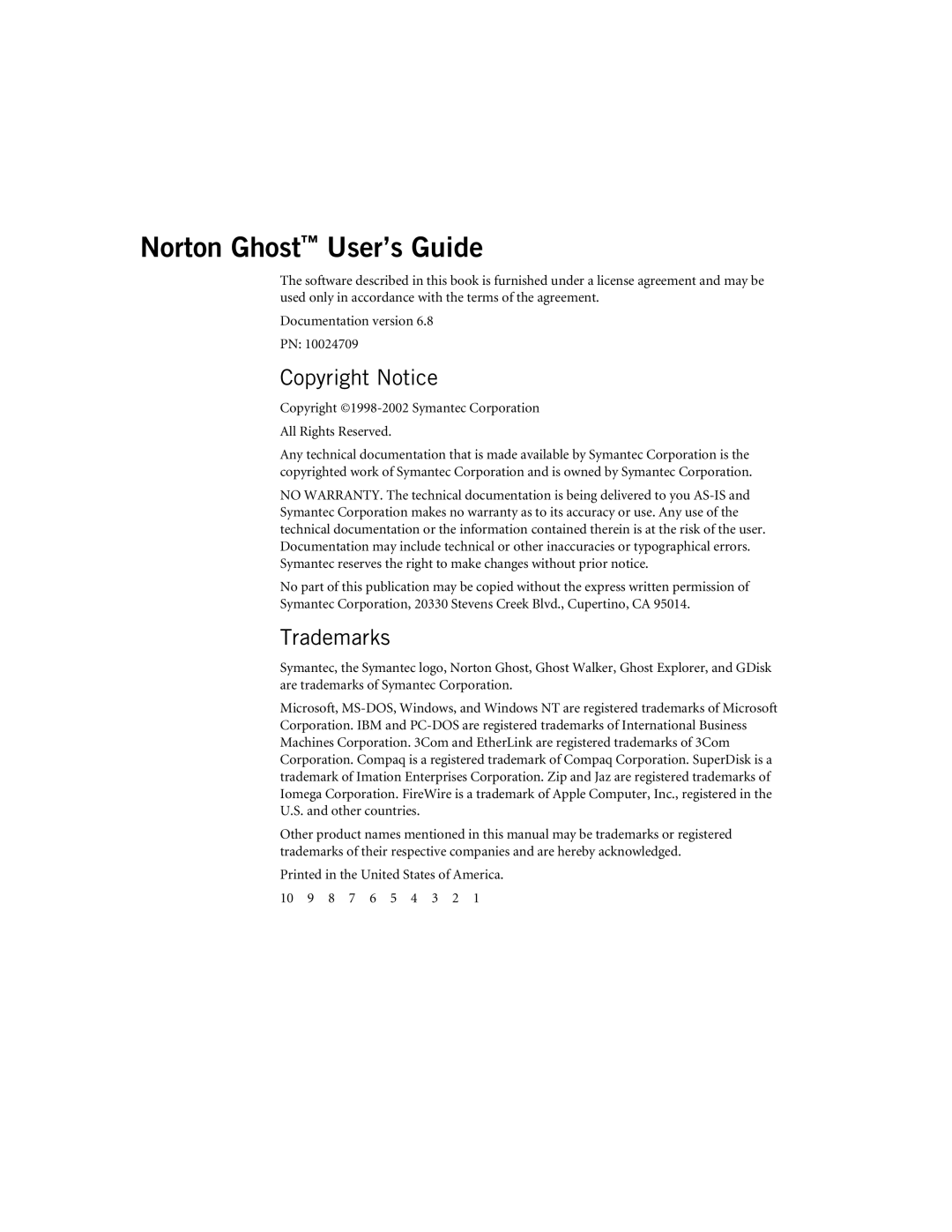 Symantec 10024709 manual Norton Ghost User’s Guide, Copyright Notice, Trademarks 