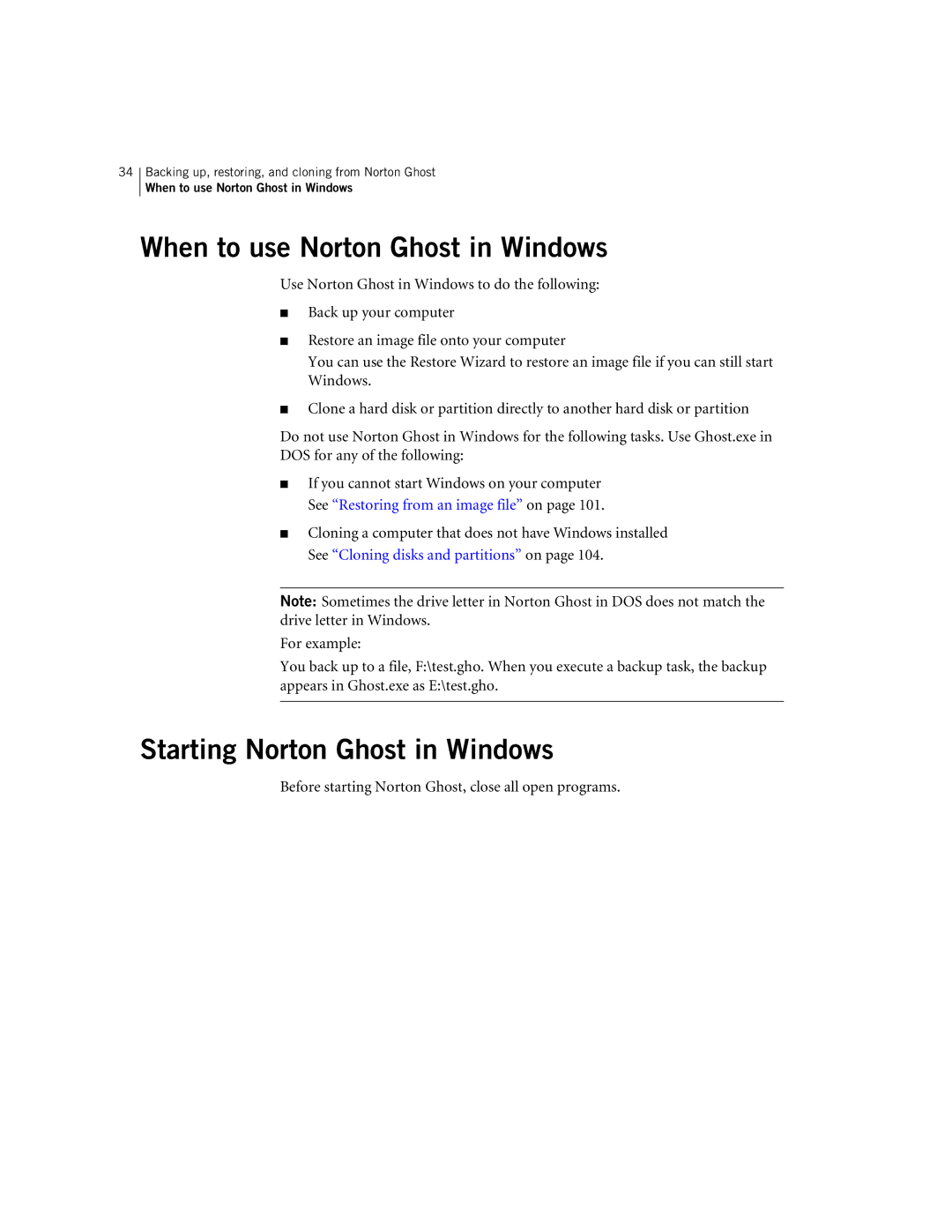 Symantec 10024709 manual When to use Norton Ghost in Windows, Starting Norton Ghost in Windows 