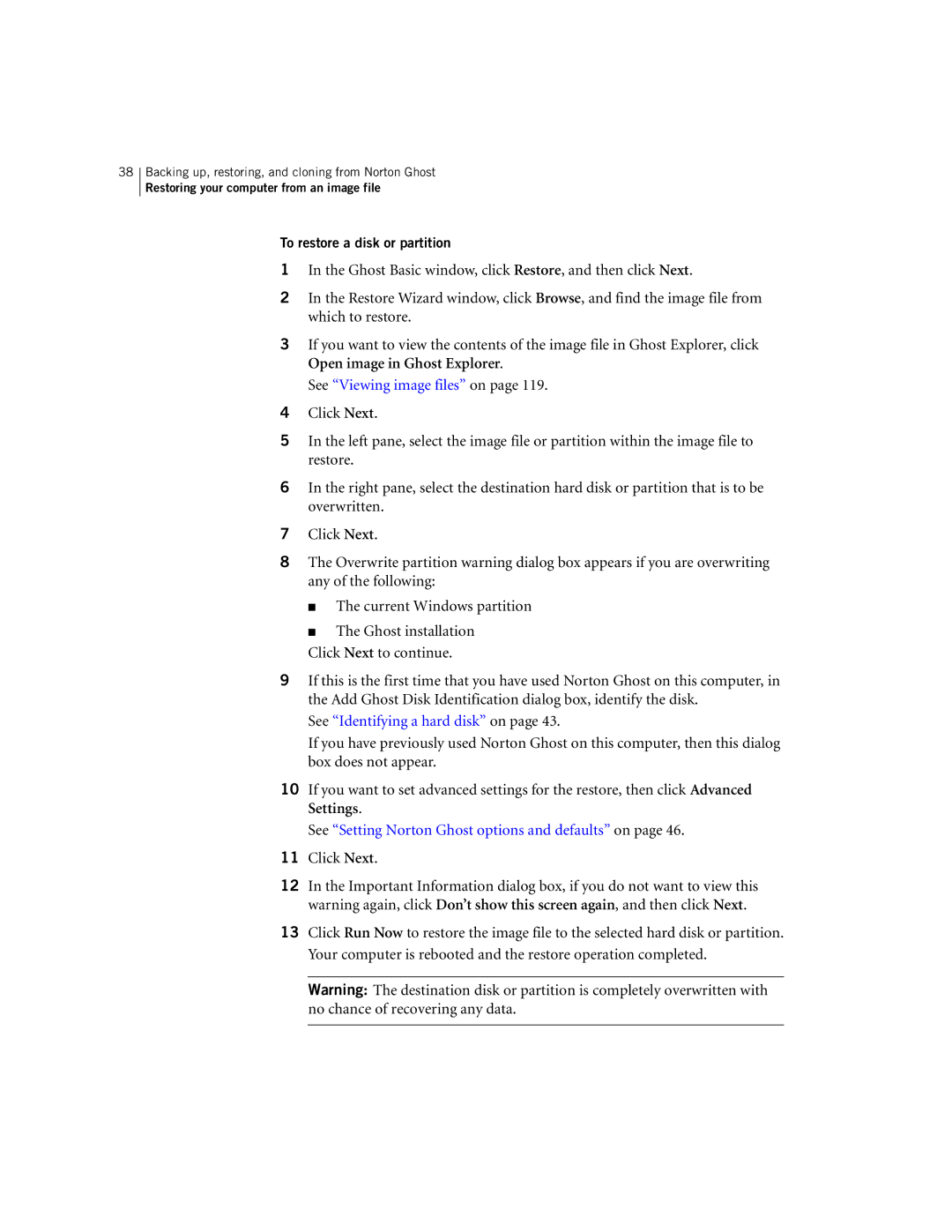 Symantec 10024709 manual See Viewing image files on, To restore a disk or partition 