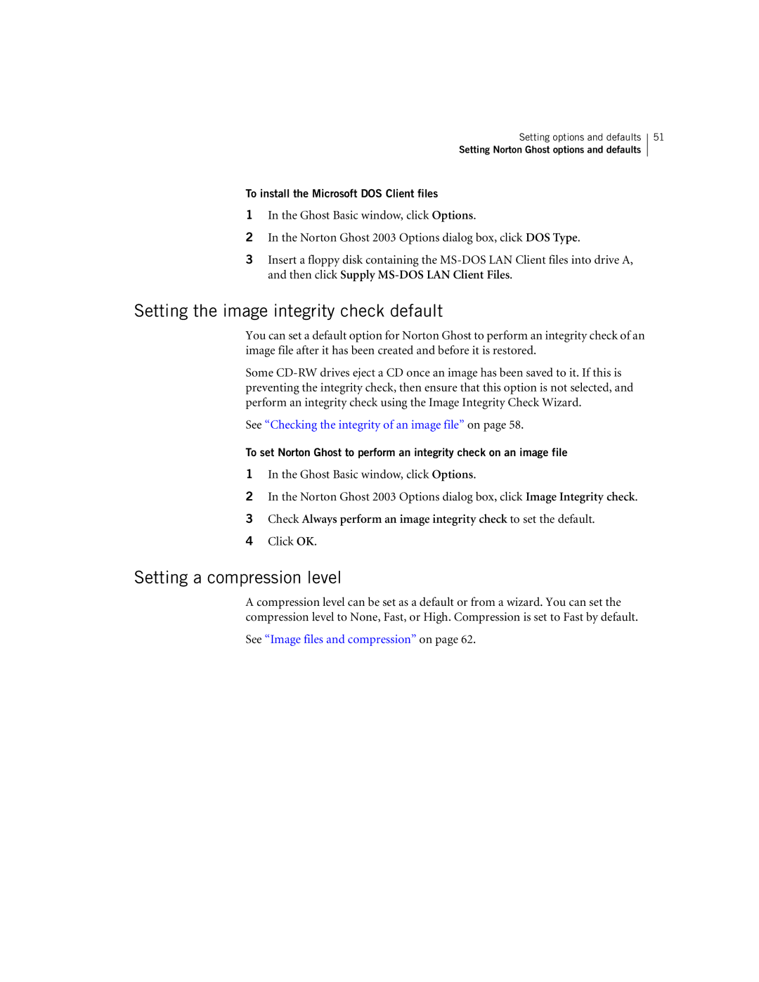 Symantec 10024709 manual Setting the image integrity check default, Setting a compression level 