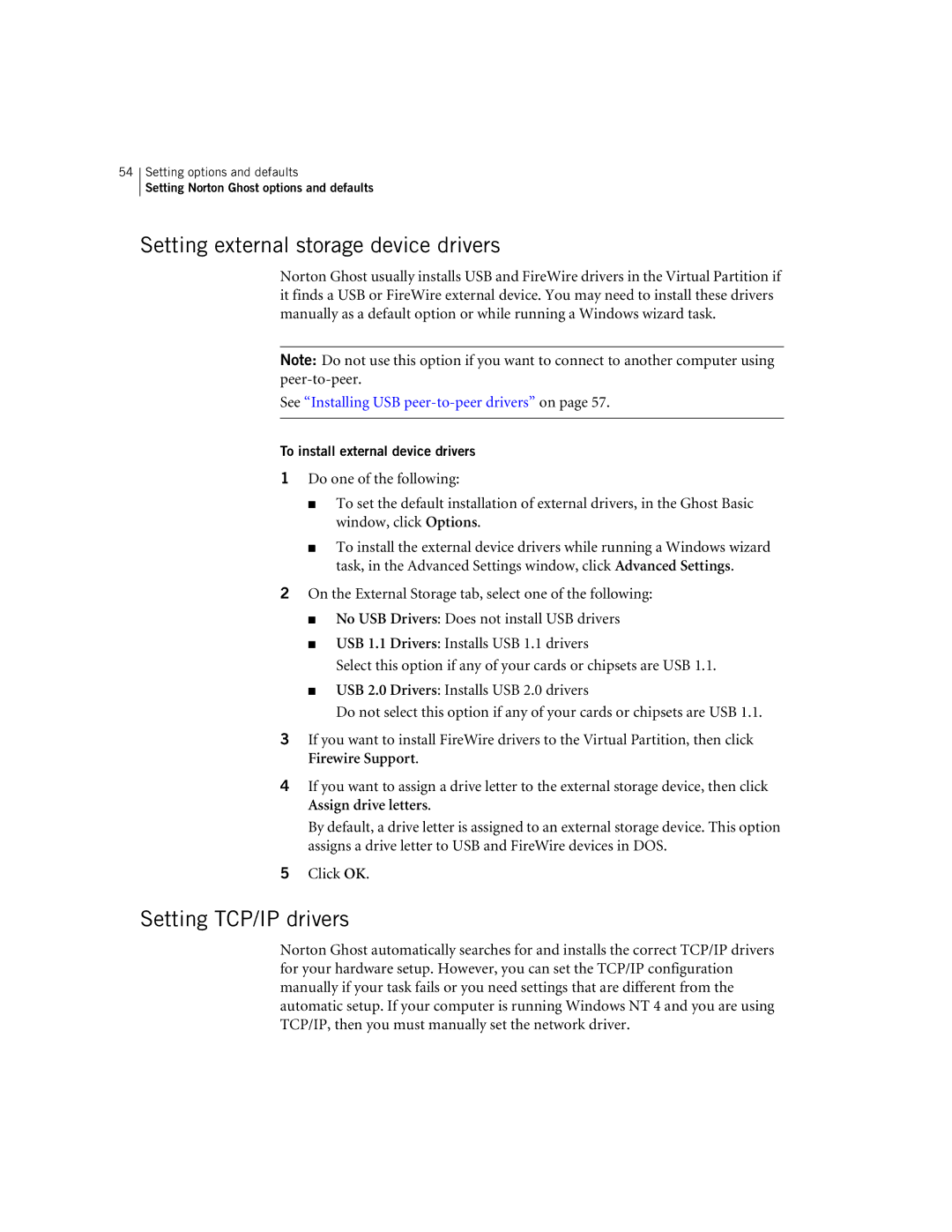 Symantec 10024709 Setting external storage device drivers, Setting TCP/IP drivers, To install external device drivers 