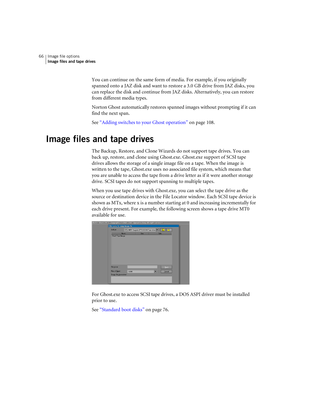 Symantec 10024709 Image files and tape drives, See Adding switches to your Ghost operation on, See Standard boot disks on 