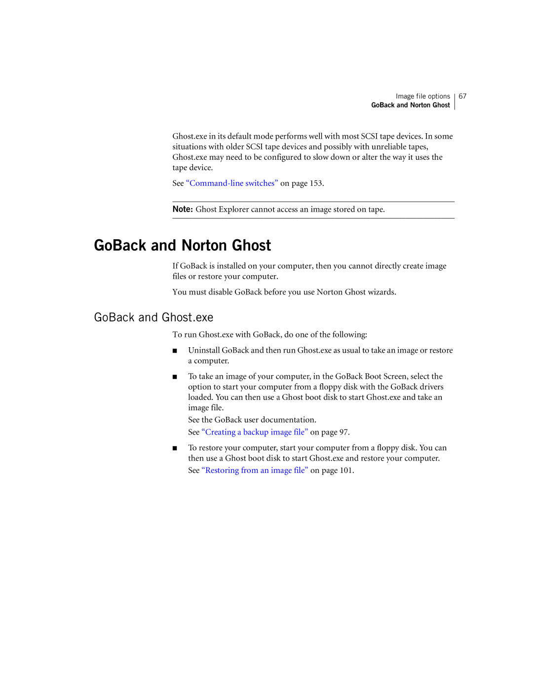 Symantec 10024709 manual GoBack and Norton Ghost, GoBack and Ghost.exe, See Creating a backup image file on 