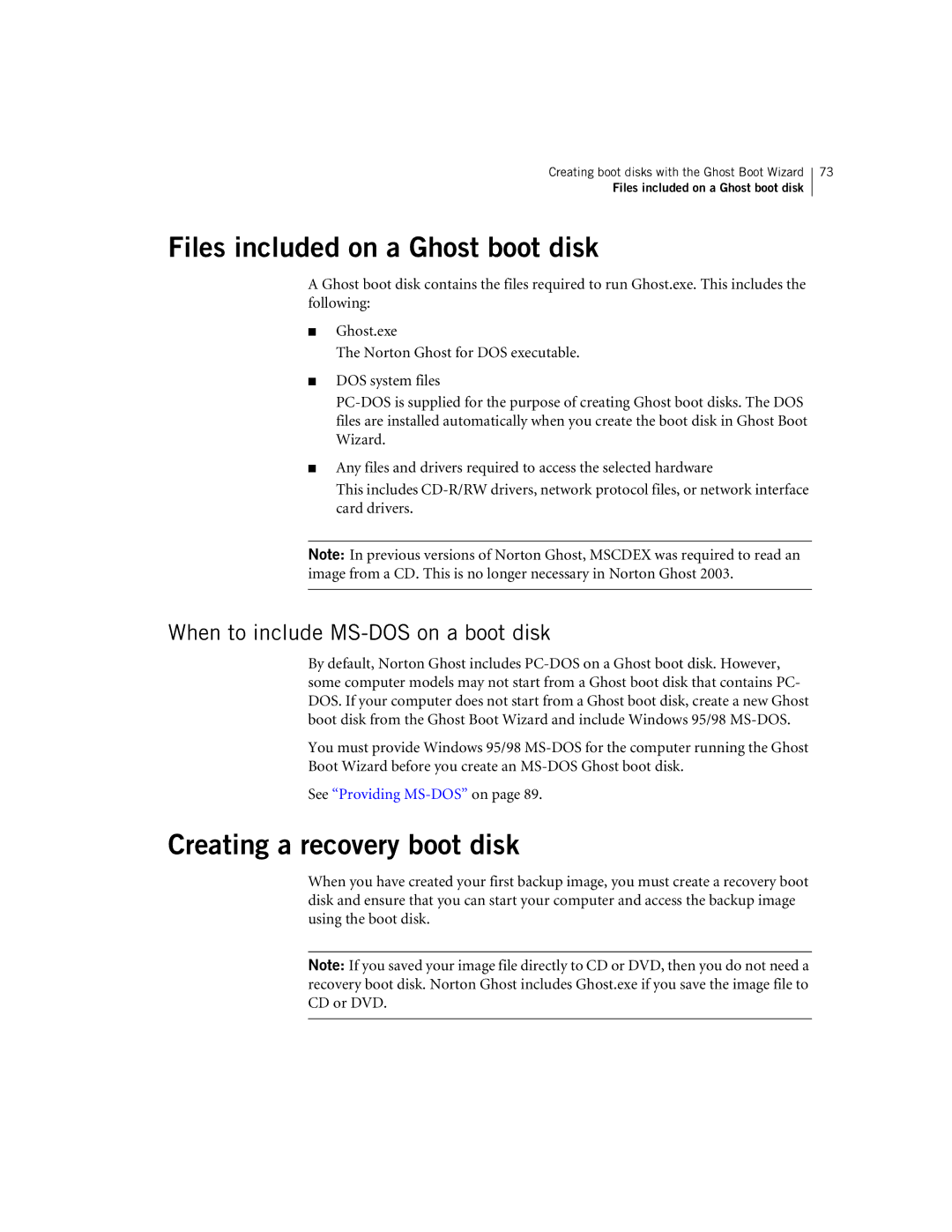 Symantec 10024709 manual Files included on a Ghost boot disk, Creating a recovery boot disk 