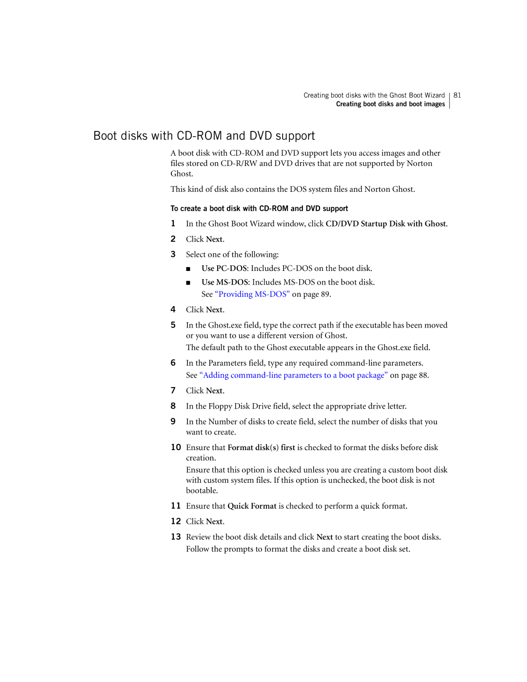 Symantec 10024709 manual Boot disks with CD-ROM and DVD support, To create a boot disk with CD-ROM and DVD support 