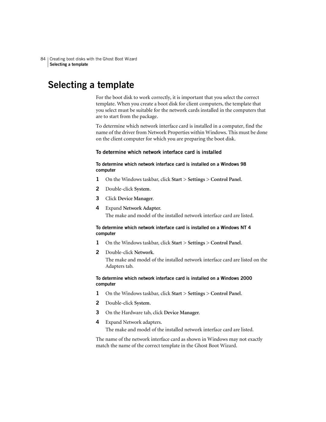 Symantec 10024709 manual Selecting a template, Click Device Manager Expand Network Adapter 