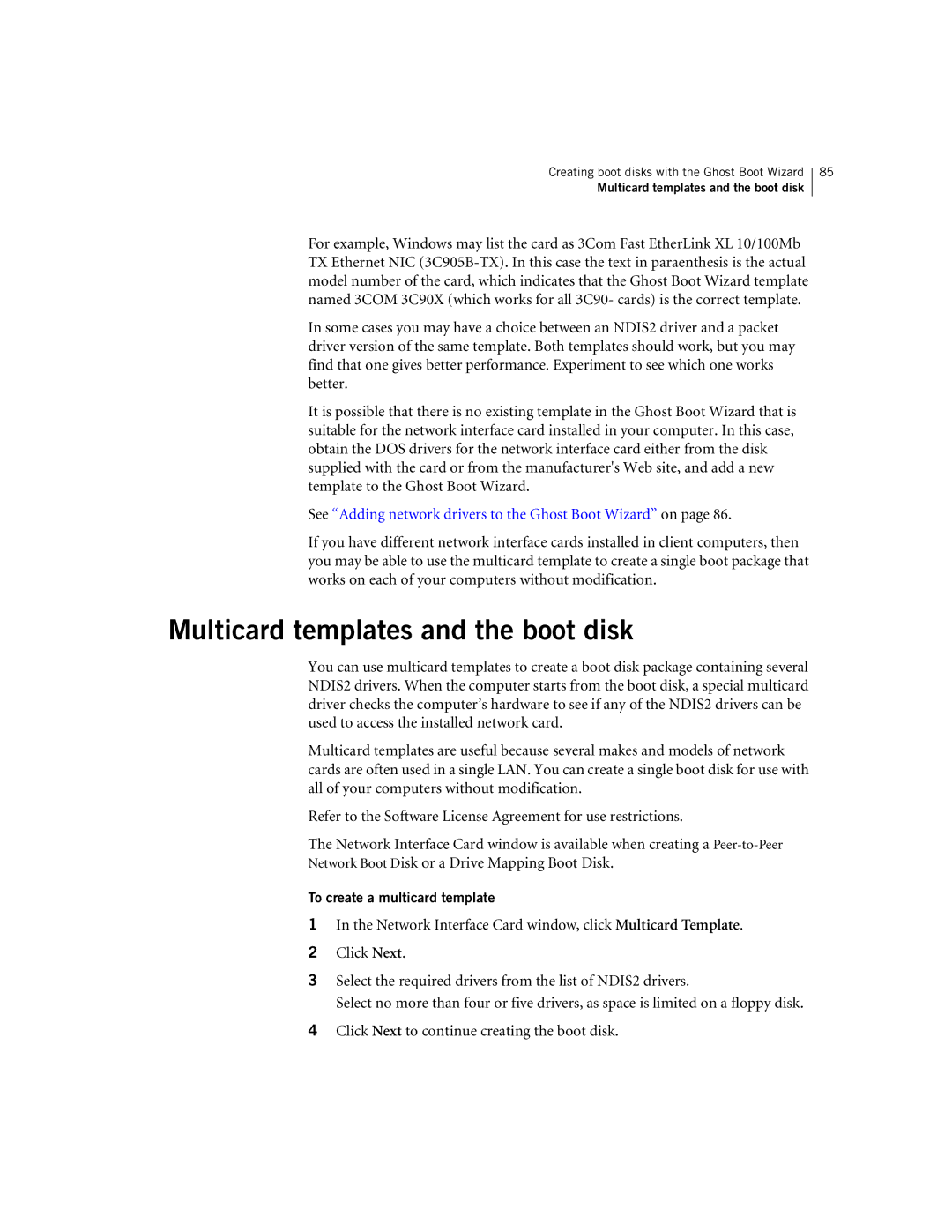 Symantec 10024709 manual Multicard templates and the boot disk, See Adding network drivers to the Ghost Boot Wizard on 