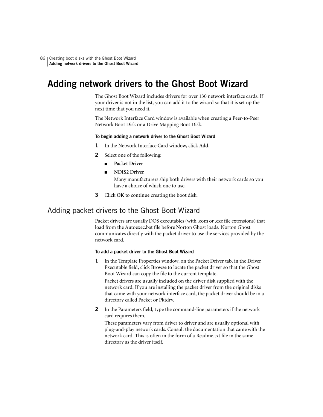 Symantec 10024709 manual Adding network drivers to the Ghost Boot Wizard, Adding packet drivers to the Ghost Boot Wizard 