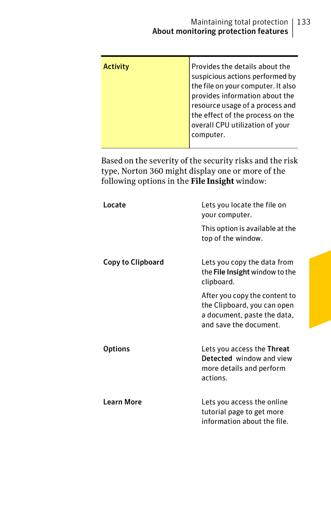 Symantec 11022527 manual Locate Lets you locate the file on Your computer, Top of the window, Copy to Clipboard, Options 