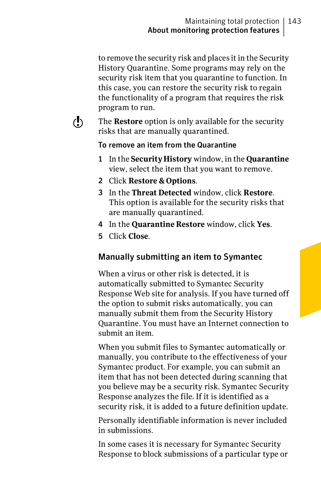 Symantec 11022527 manual Manually submitting an item to Symantec, Click Restore & Options 