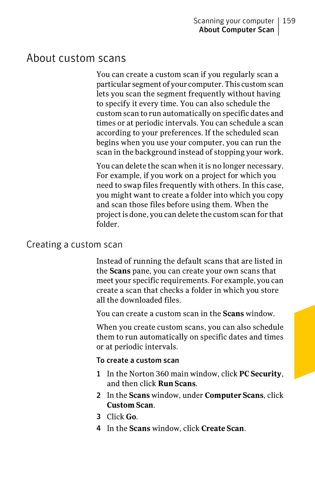 Symantec 11022527 manual About custom scans, Creating a custom scan, 159 
