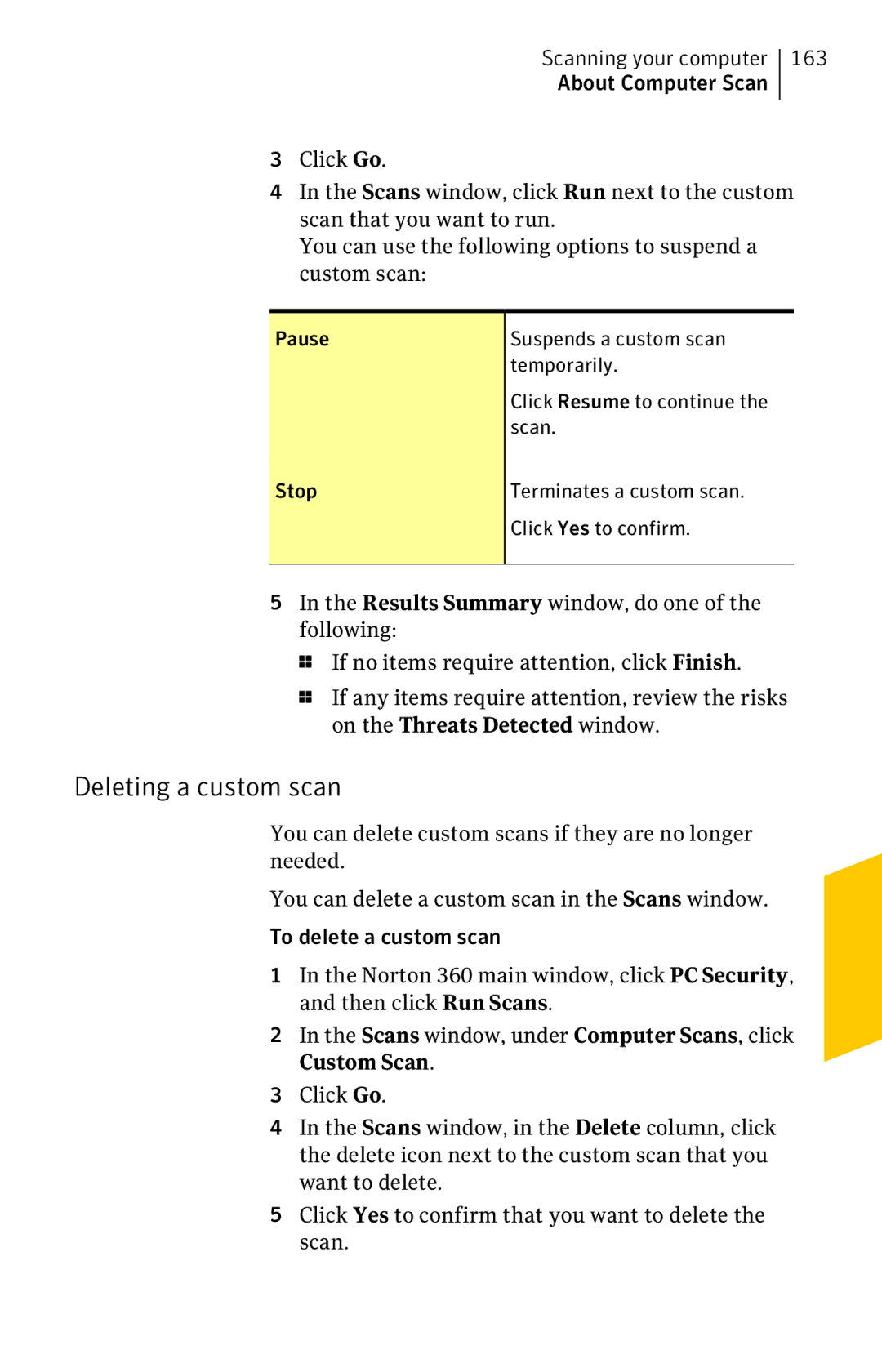 Symantec 11022527 manual Deleting a custom scan, 163, Stop Terminates a custom scan Click Yes to confirm 