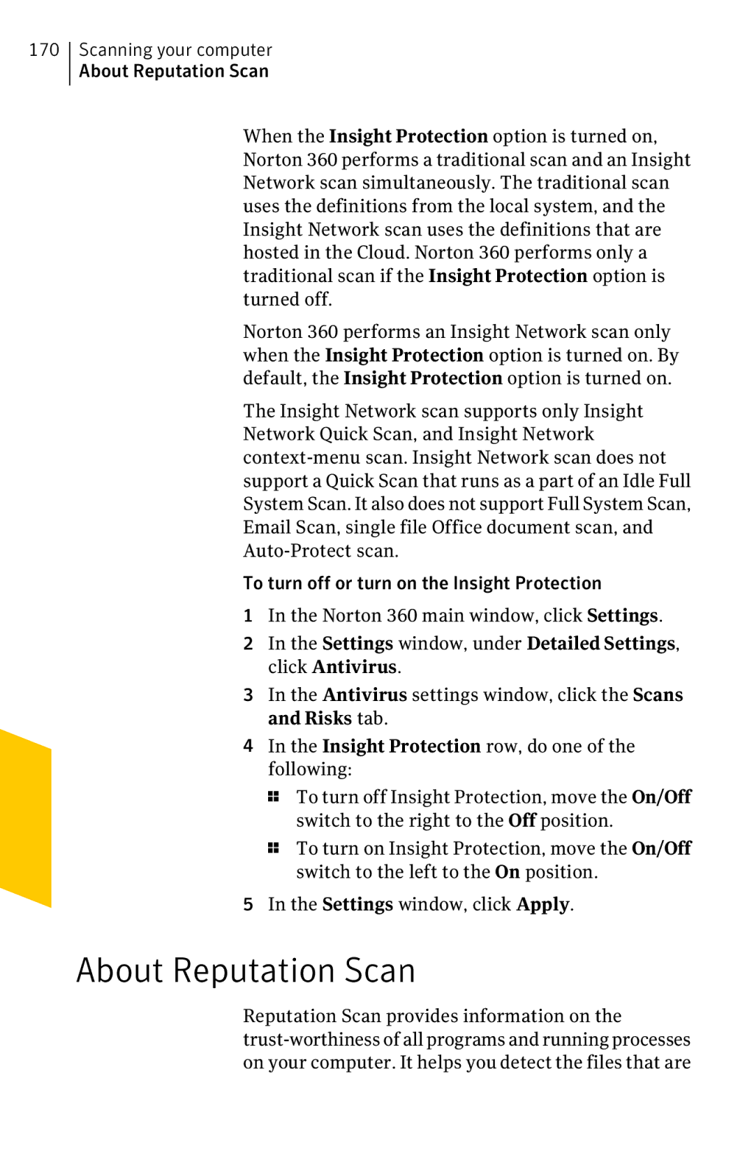 Symantec 11022527 manual Scanning your computer About Reputation Scan 