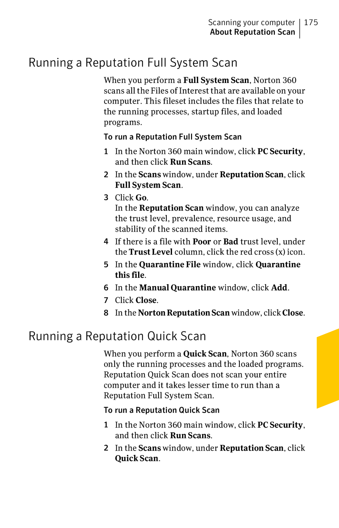 Symantec 11022527 manual Running a Reputation Full System Scan, Running a Reputation Quick Scan, 175 