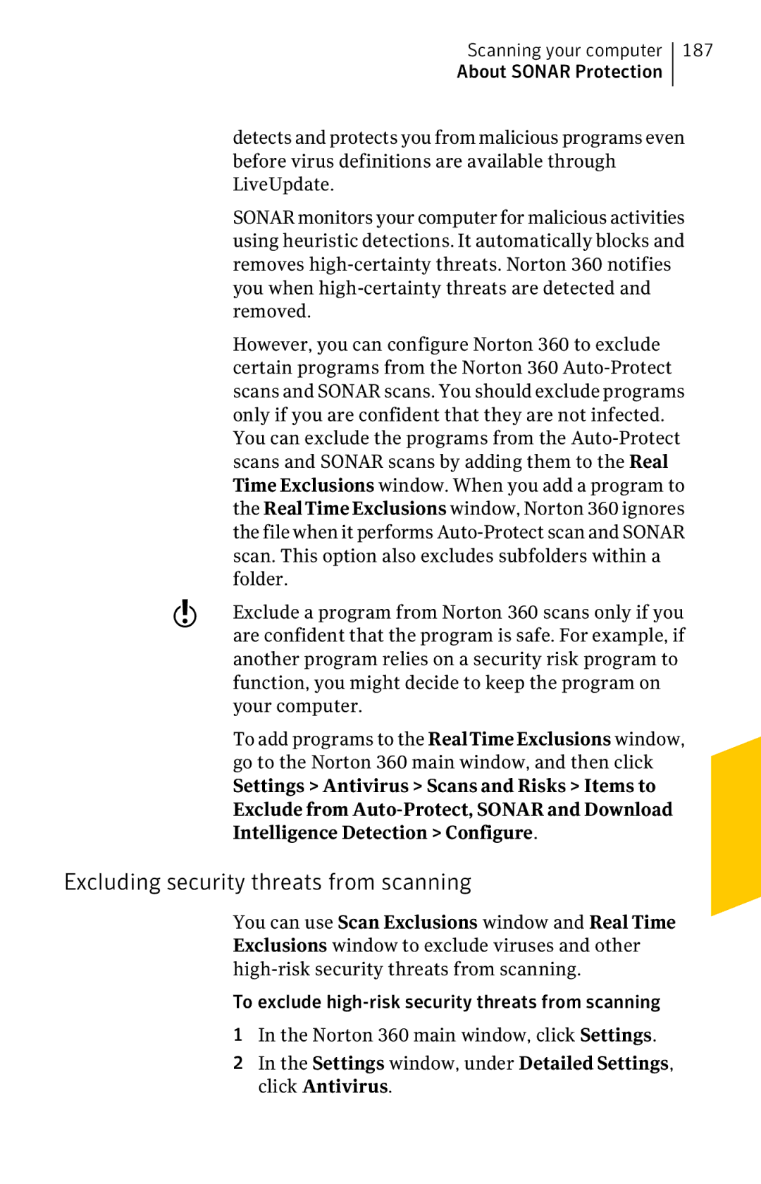 Symantec 11022527 manual Excluding security threats from scanning, Intelligence Detection Configure 