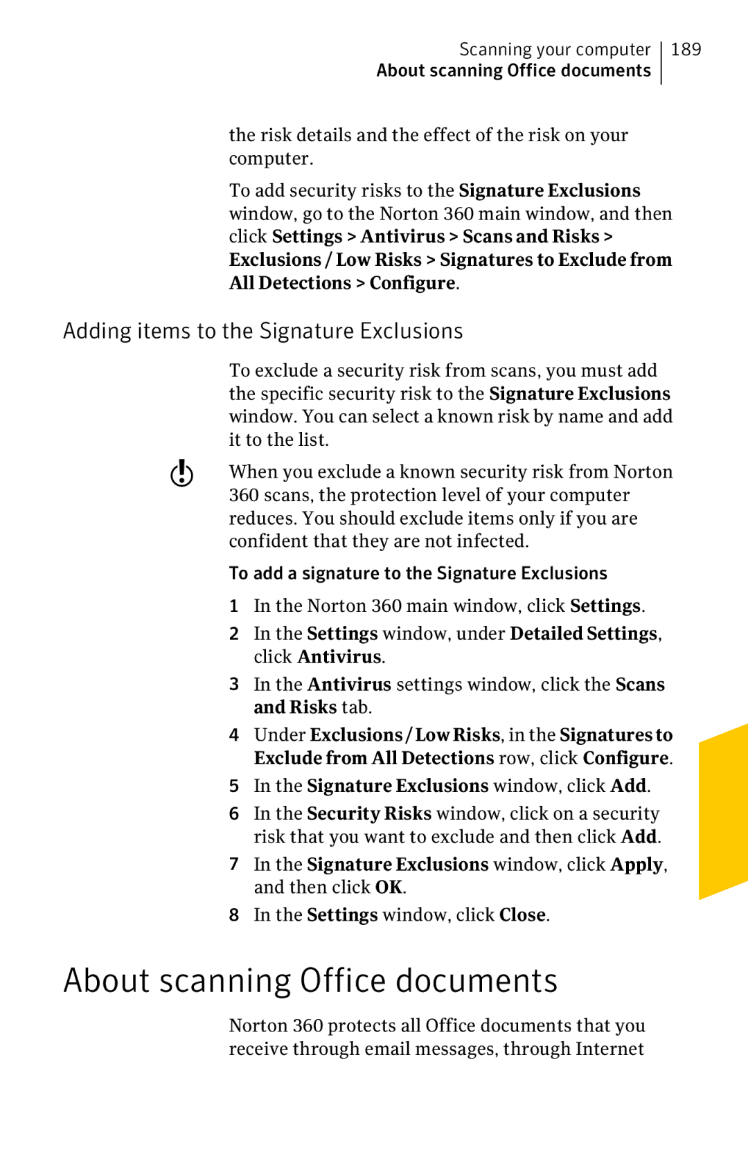 Symantec 11022527 manual About scanning Office documents, Adding items to the Signature Exclusions 