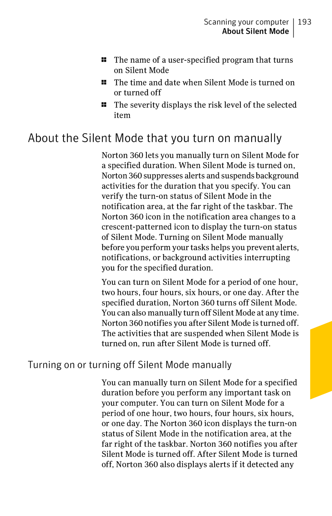 Symantec 11022527 About the Silent Mode that you turn on manually, Turning on or turning off Silent Mode manually, 193 