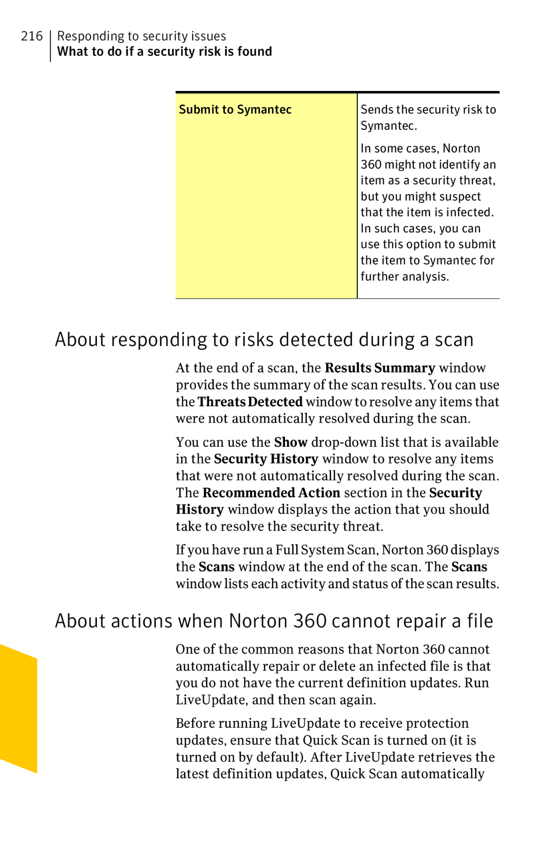 Symantec 11022527 About responding to risks detected during a scan, About actions when Norton 360 cannot repair a file 