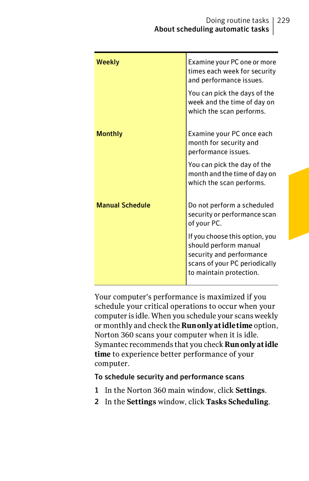 Symantec 11022527 manual Doing routine tasks, Settings window, click Tasks Scheduling 