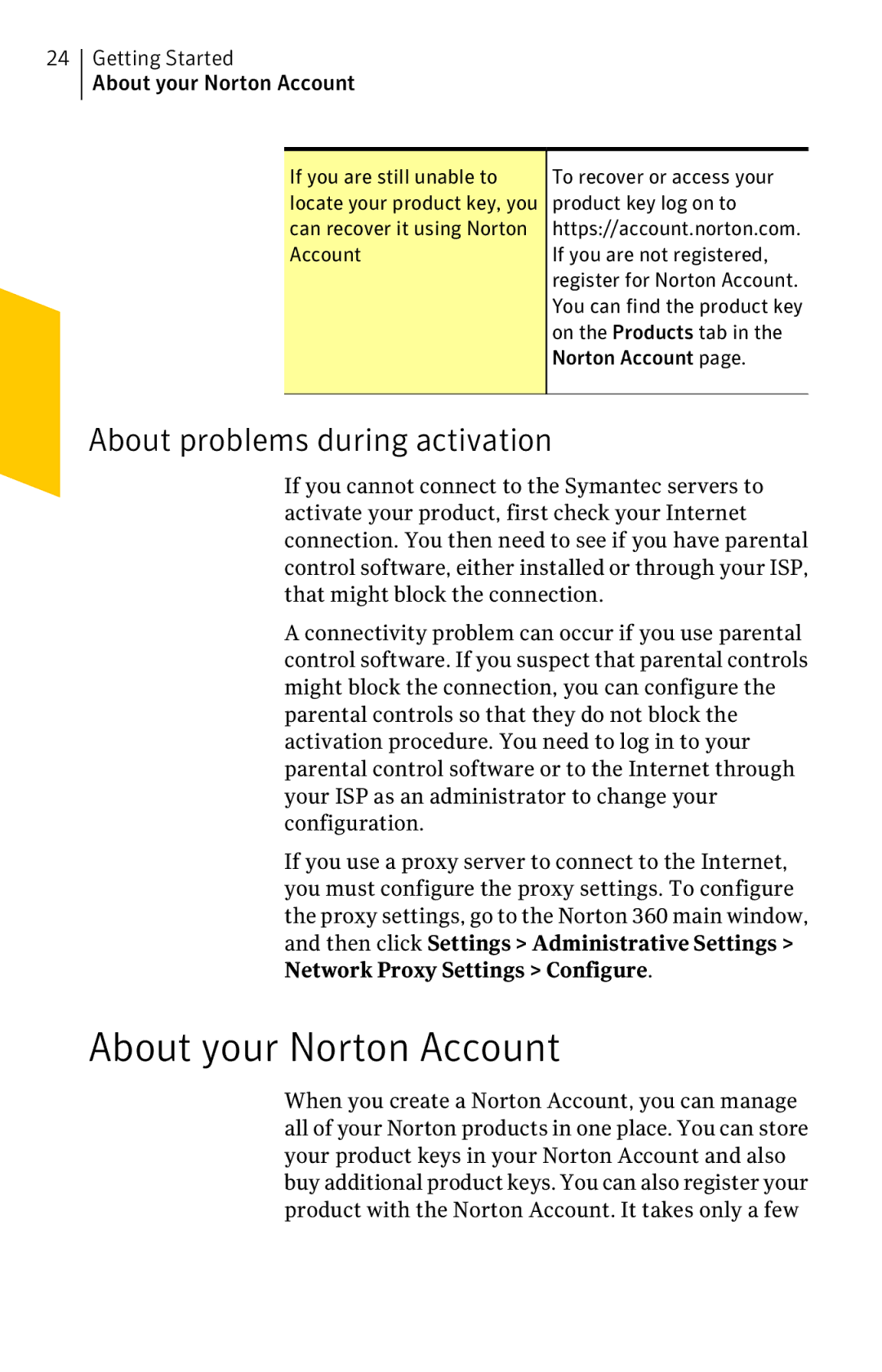 Symantec 11022527 manual About problems during activation, Getting Started About your Norton Account 