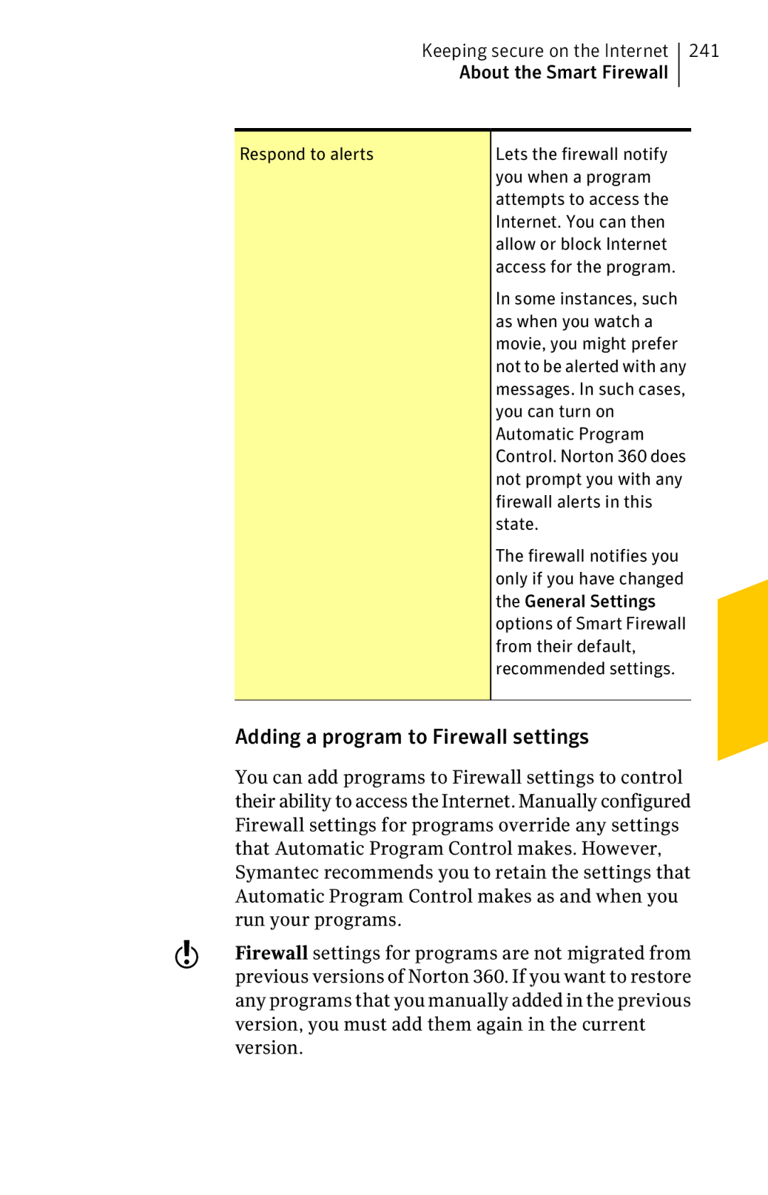 Symantec 11022527 manual Adding a program to Firewall settings 