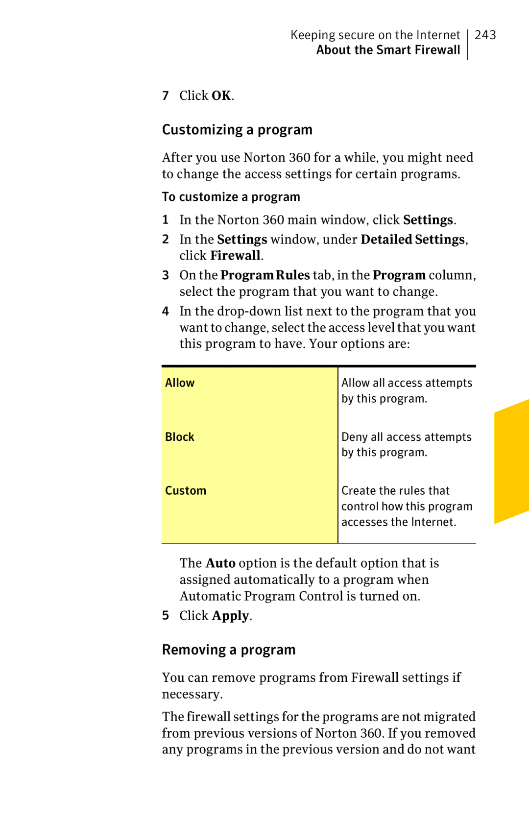 Symantec 11022527 manual Customizing a program, Removing a program, 243, About the Smart Firewall Click OK 