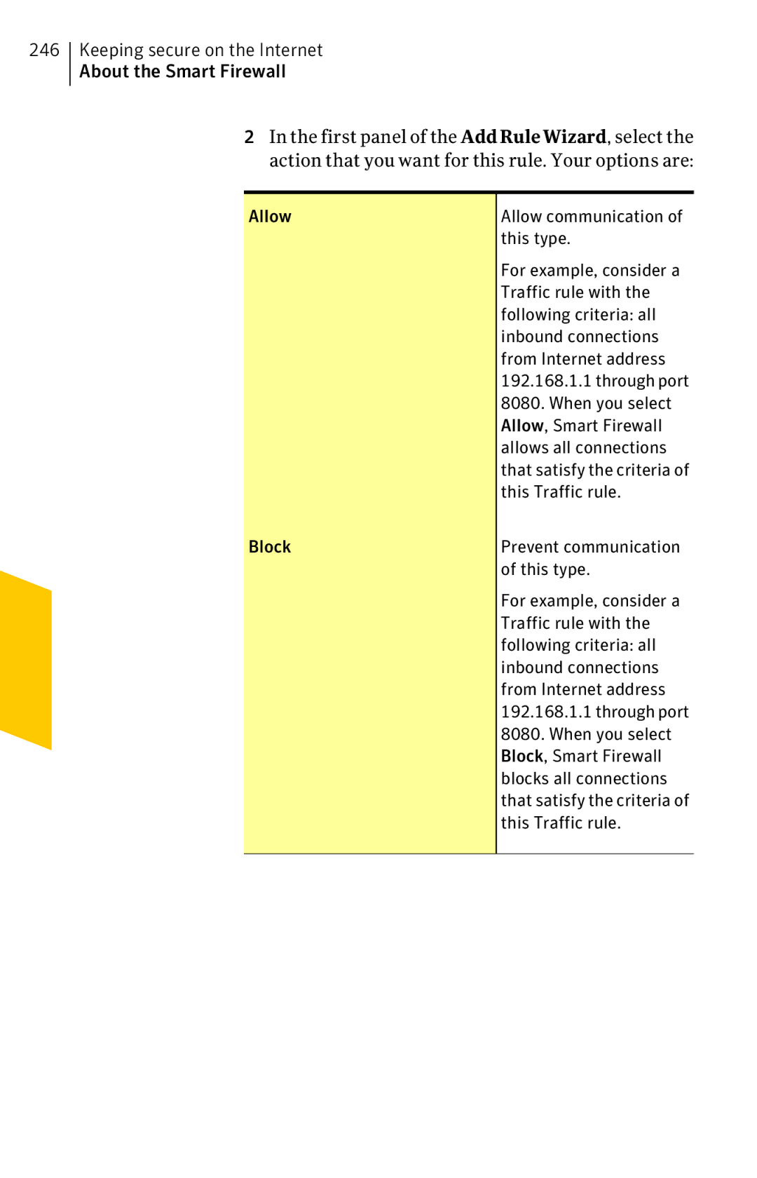 Symantec 11022527 manual This type, Traffic rule with, Following criteria all, Inbound connections, From Internet address 