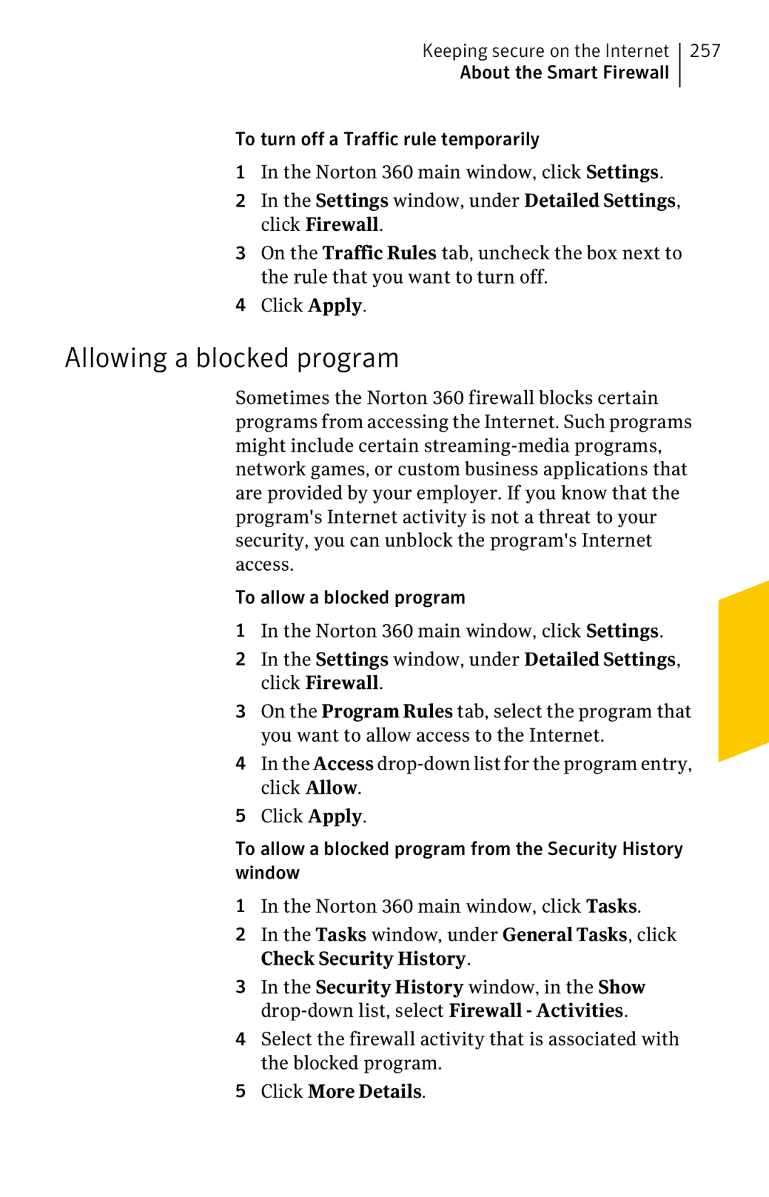 Symantec 11022527 manual Allowing a blocked program, 257, Click More Details 