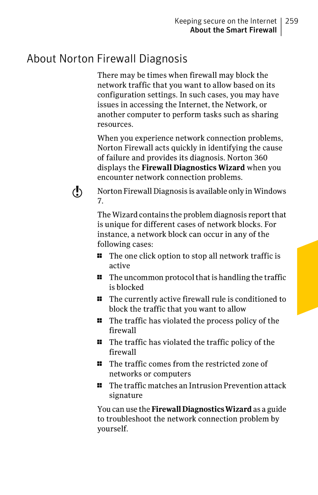 Symantec 11022527 manual About Norton Firewall Diagnosis, 259, Encounter network connection problems 