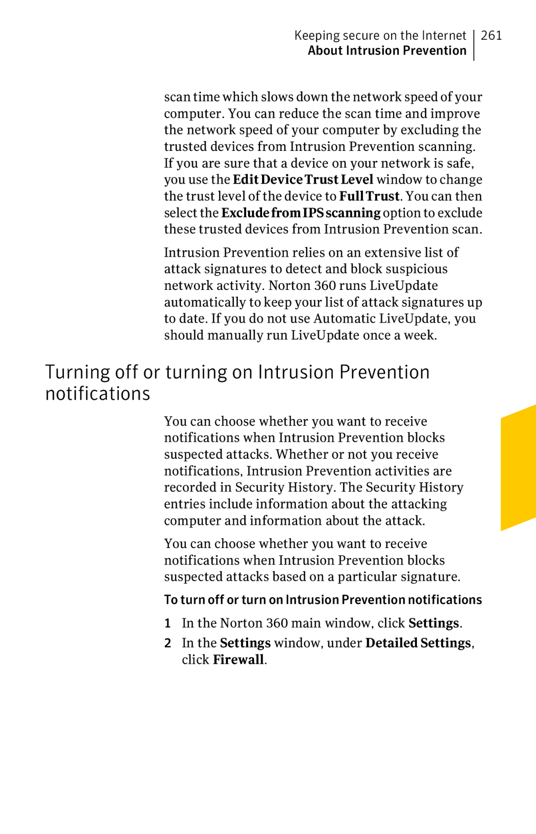 Symantec 11022527 manual Turning off or turning on Intrusion Prevention notifications, 261 