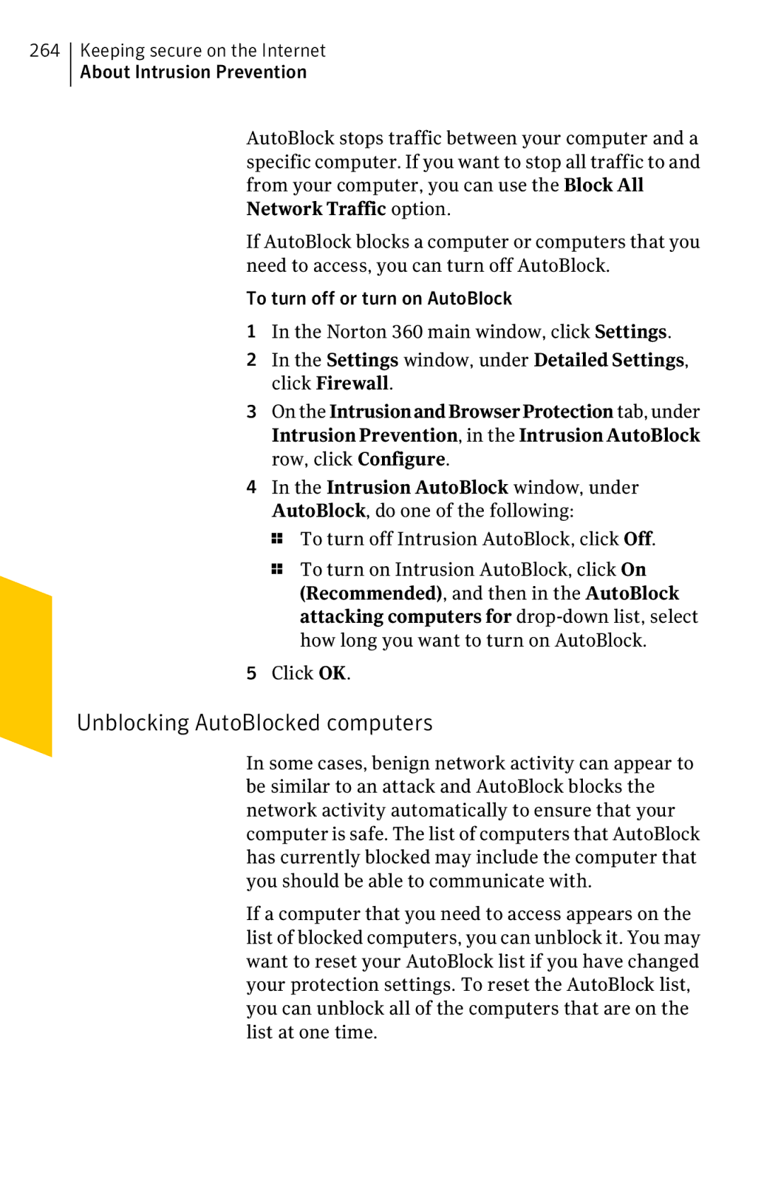 Symantec 11022527 manual Unblocking AutoBlocked computers, To turn off Intrusion AutoBlock, click Off 