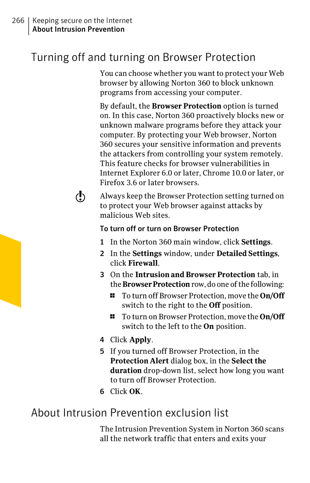 Symantec 11022527 manual Turning off and turning on Browser Protection, About Intrusion Prevention exclusion list 